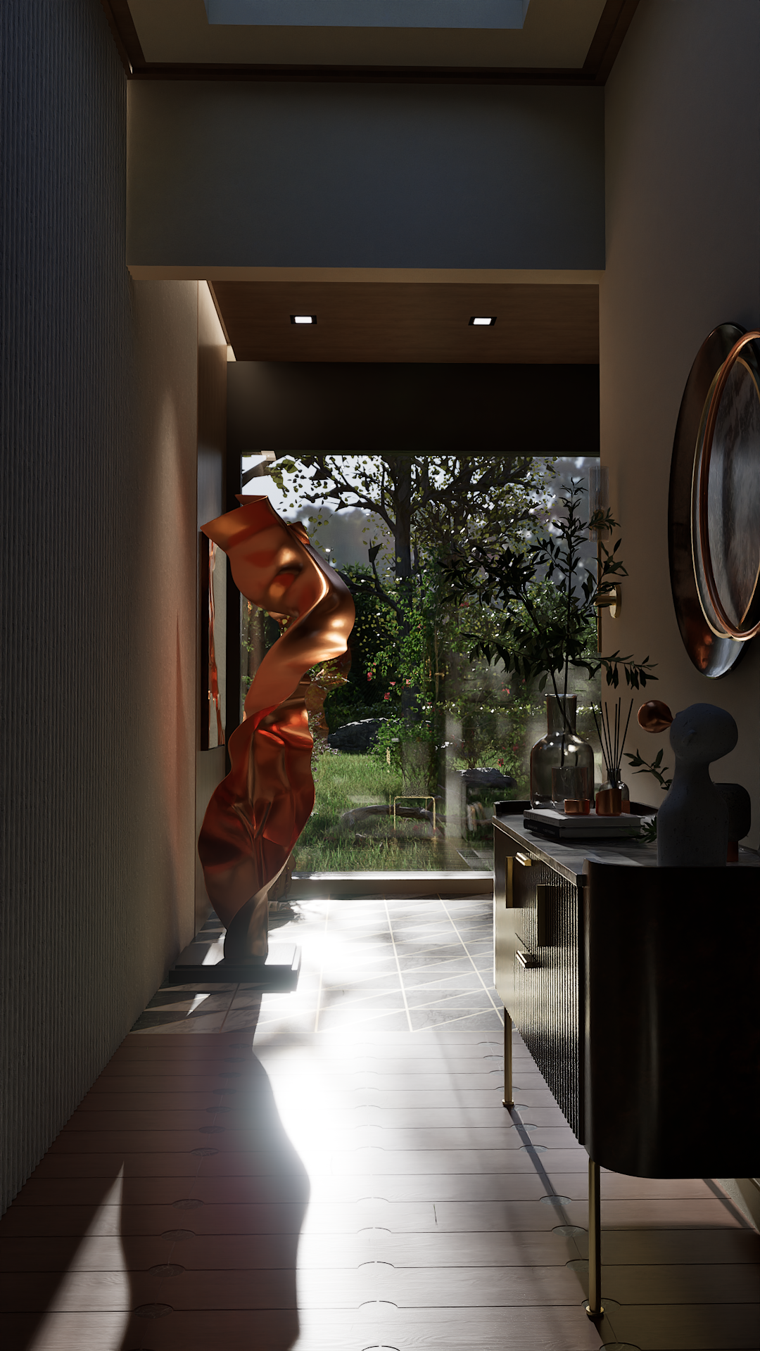 Interior view of a modern room with a decorative twisting sculpture near a large window, overlooking a garden with trees and rocks; includes a sideboard with vases and a large round mirror.