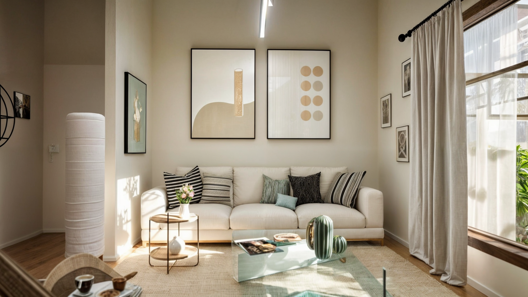 Bright living room with white sofa, black and white throw pillows, minimalist art on the wall, side table with flowers, glass coffee table with decorative vases, large window with curtains, and wooden flooring.