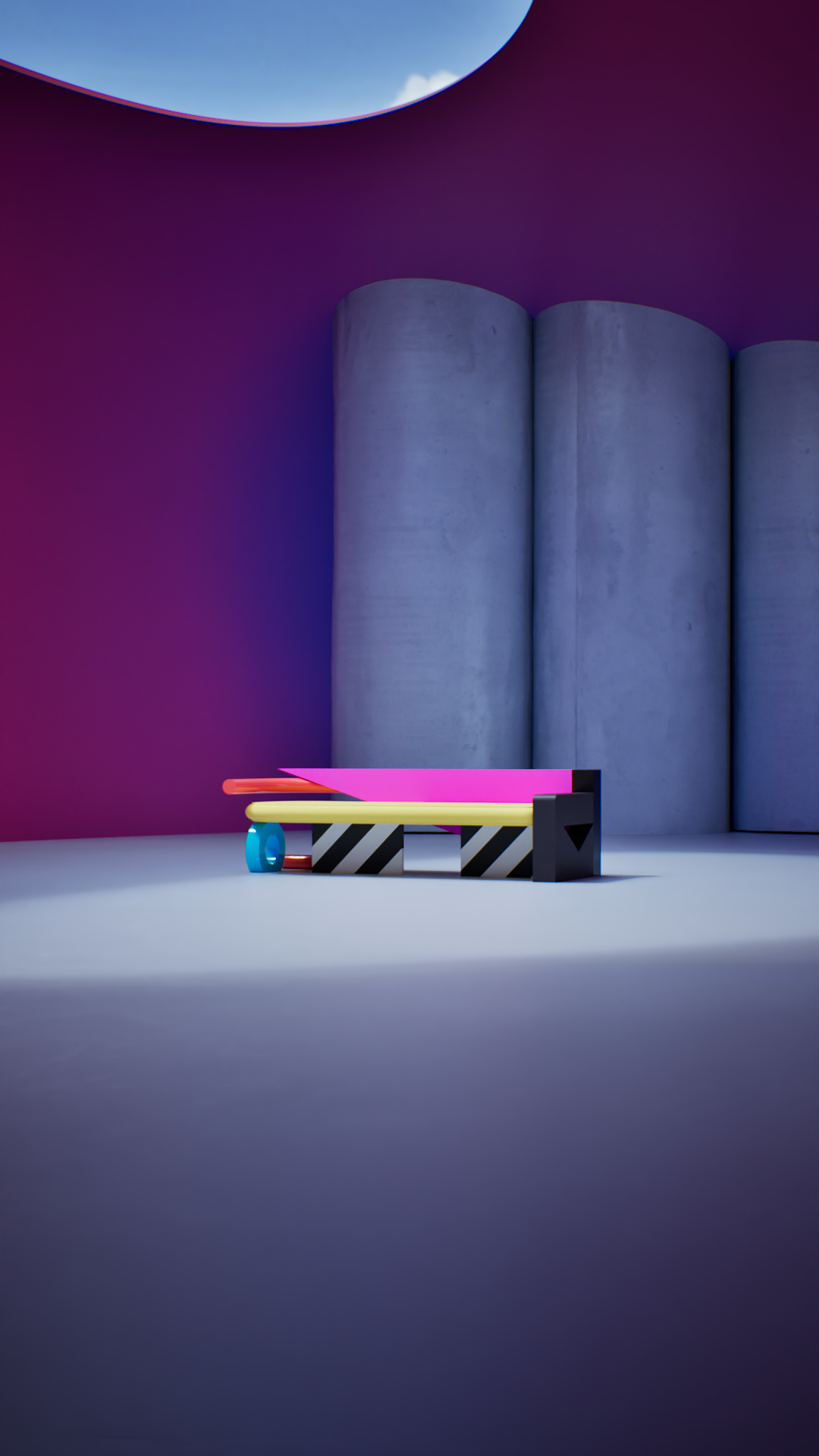 Abstract modern art installation with colorful geometric shapes against a purple wall and concrete columns.