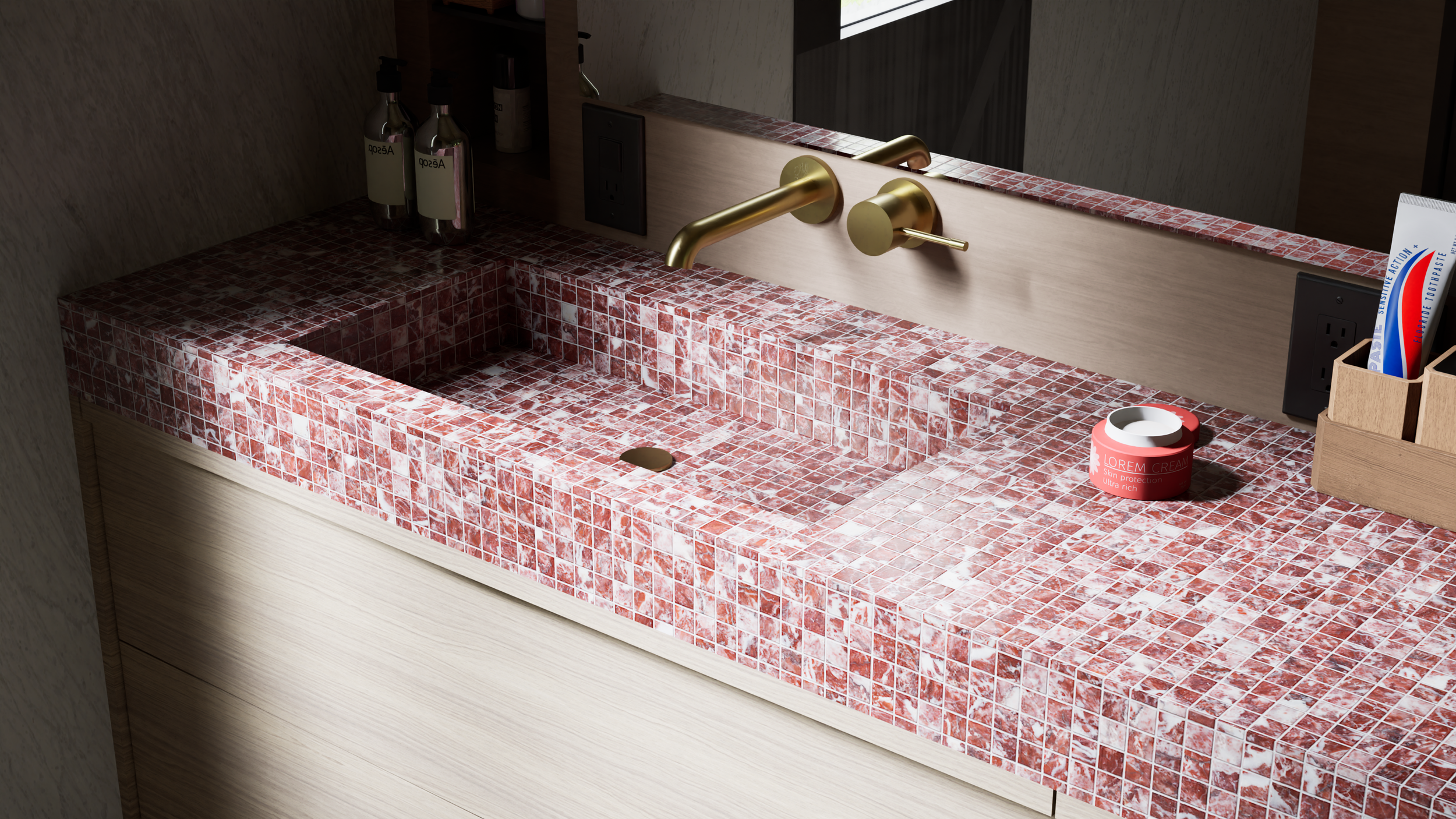Bathroom sink with a red mosaic tile surface, a gold faucet, a small round container labeled 'LOREM CREAM', bottles of toiletries, and a wooden organizer with toothbrushes and toothpaste.