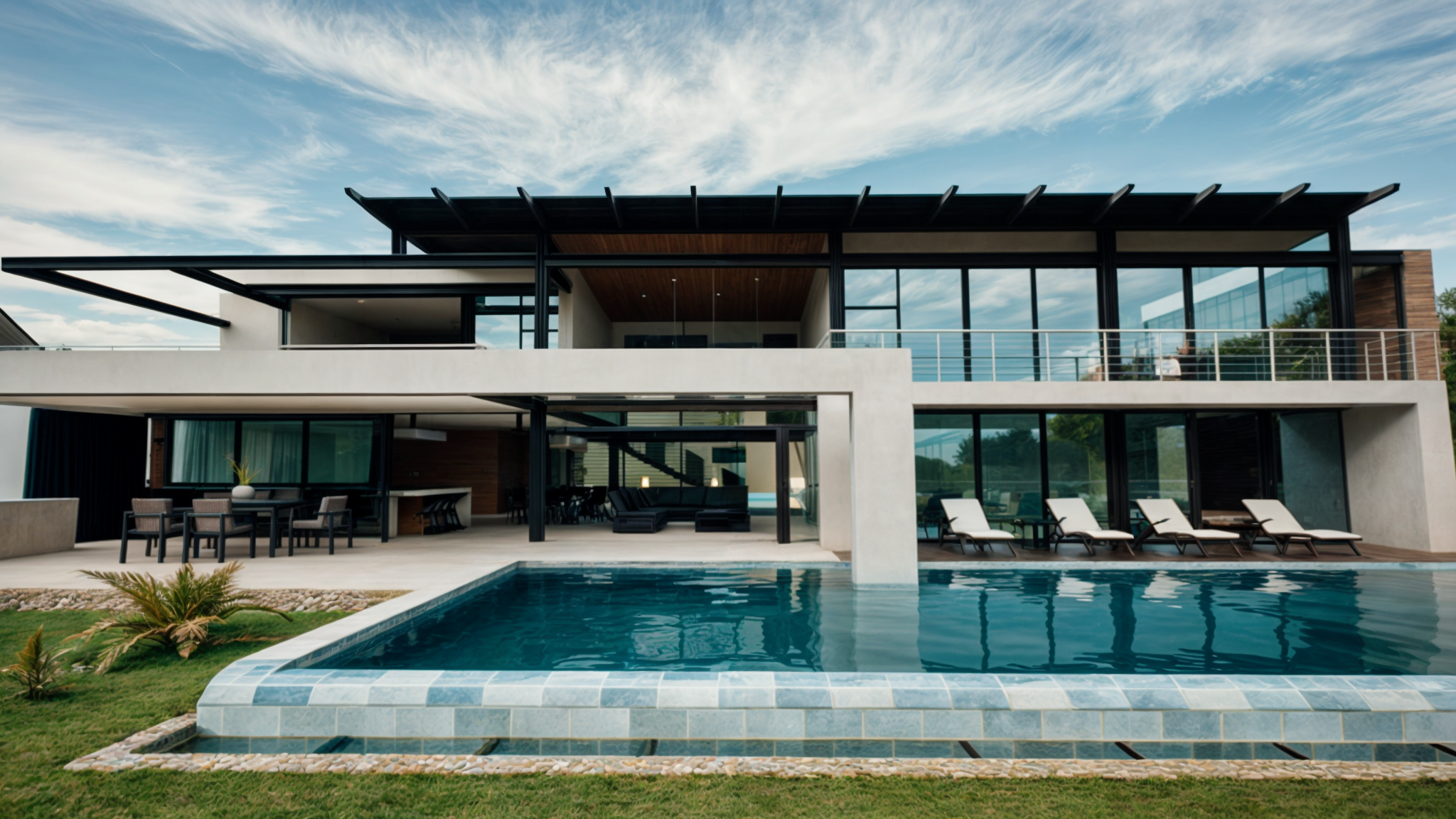 Modern two-story house with large outdoor swimming pool, lounge chairs, and balcony, under partly cloudy sky.