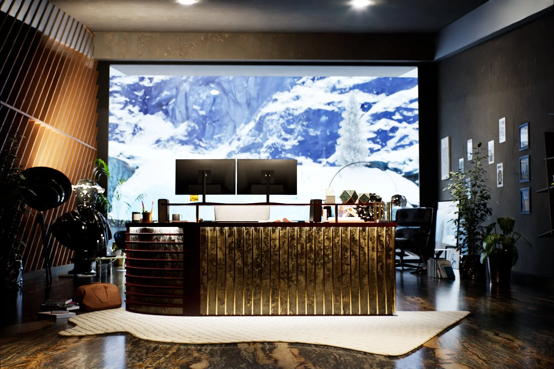 Modern office with a large window showcasing snow-covered mountains, featuring a desk with dual monitors, office chair, plants, framed pictures on the wall, and decorative items.