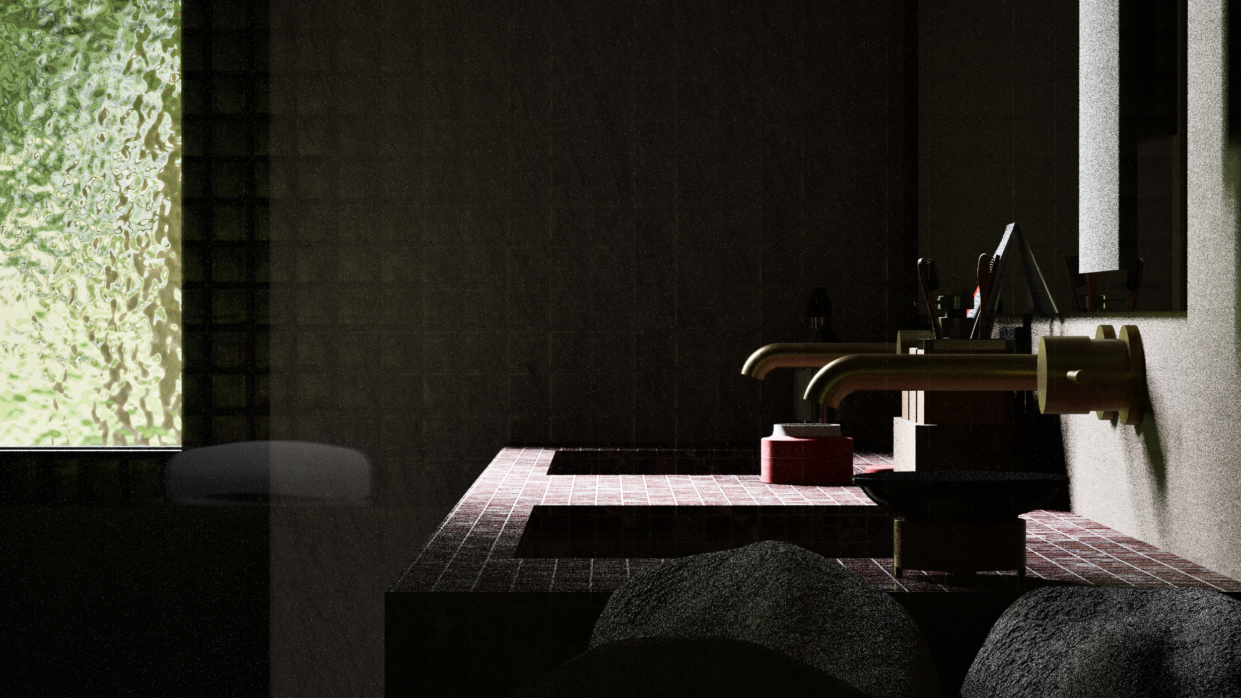 A modern bathroom with a red tiled countertop, gold faucets, a black sink, and a window with frosted glass showing greenery outside.