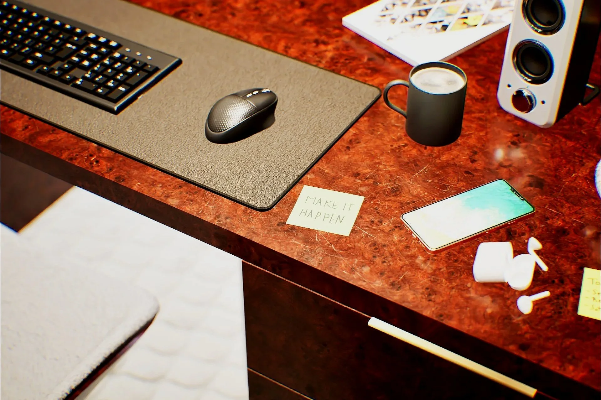 A red marble desk with a computer mouse on a gray desk mat, a black coffee mug, a white speaker, a smartphone, white wireless earbuds, a notebook, and sticky notes with motivational phrases.
