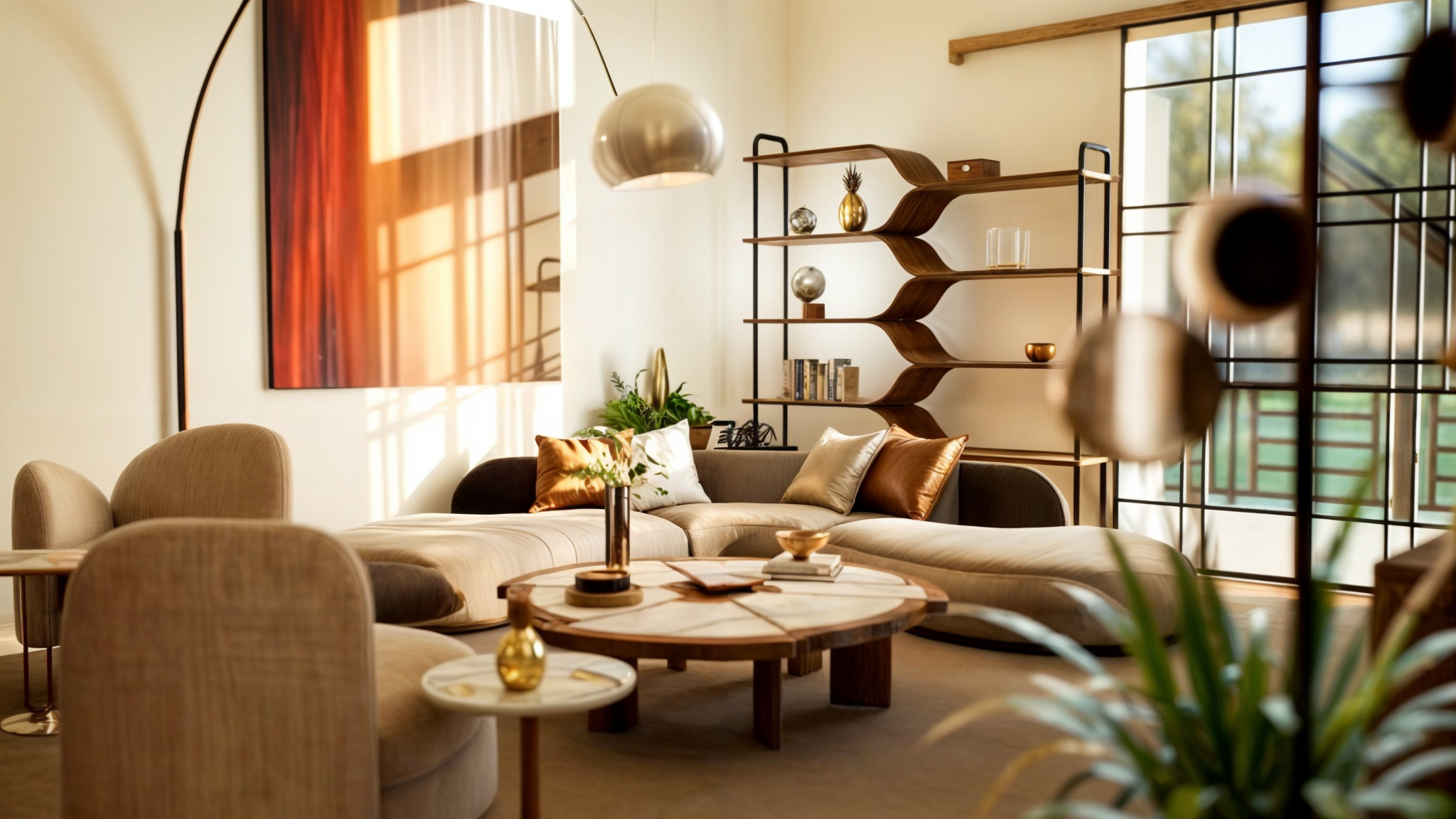 Living room with cream sofa, throw pillows, round wooden coffee table, large shadowed painting, window with grid pattern, decorative shelves with ornaments, plants, and books, beige armchairs, and hanging pendant light.