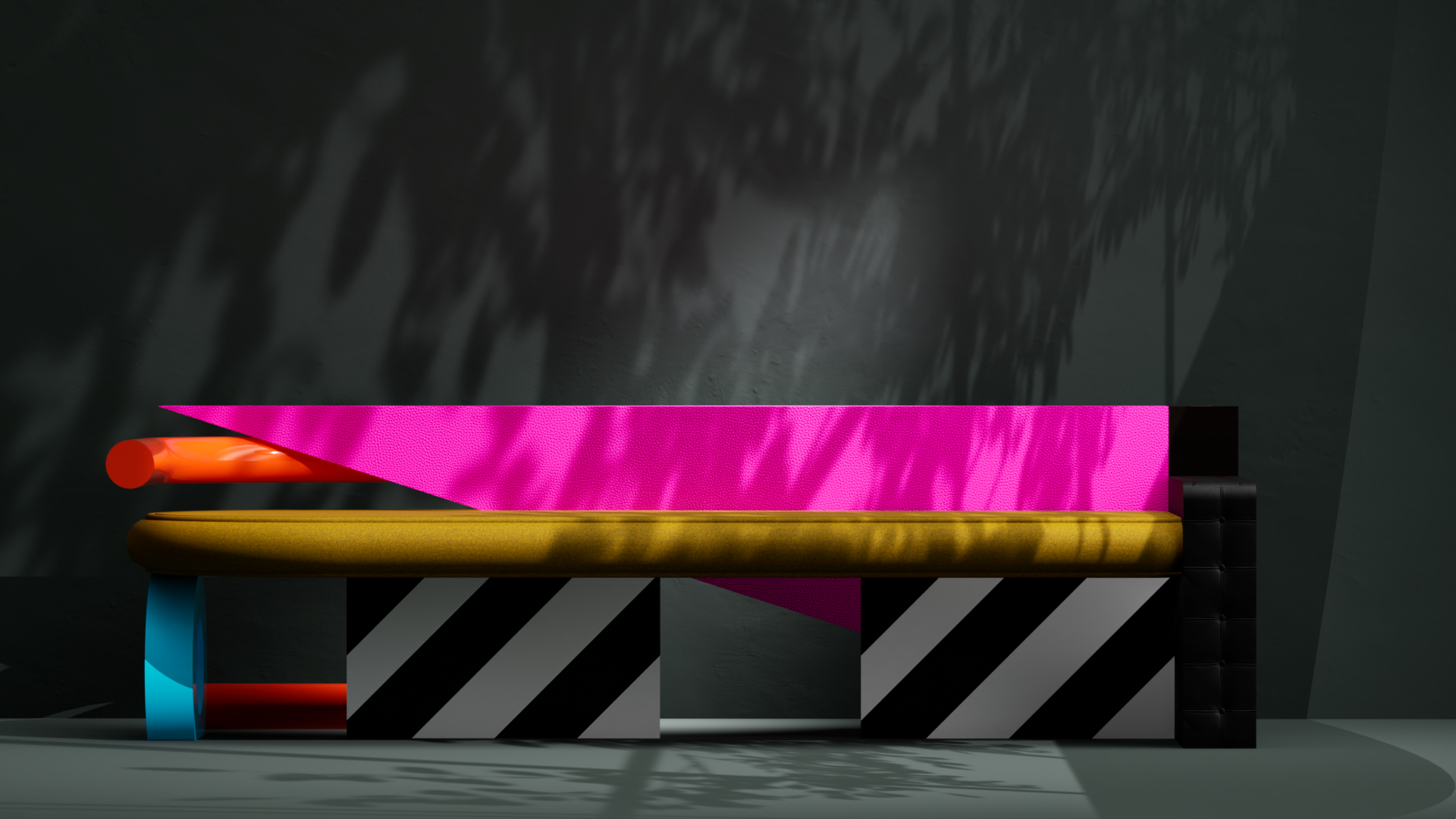 Abstract art installation featuring a long, rounded,  with a black and white striped base, a pink illuminated triangular structure above, a turquoise and black cube on one side, and a black cube on the other, with shadows of plant leaves cast on a dark wall behind.