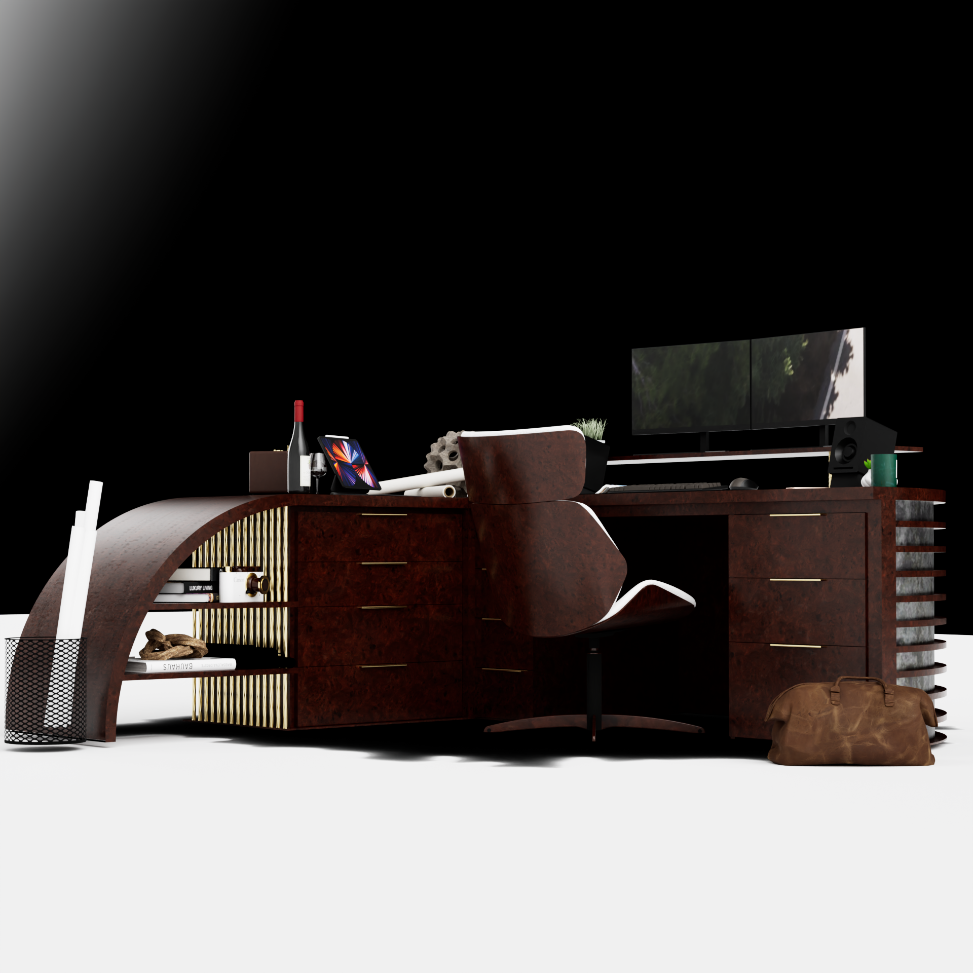 Modern office desk with a computer monitor, office chair, and various office supplies against a black background.