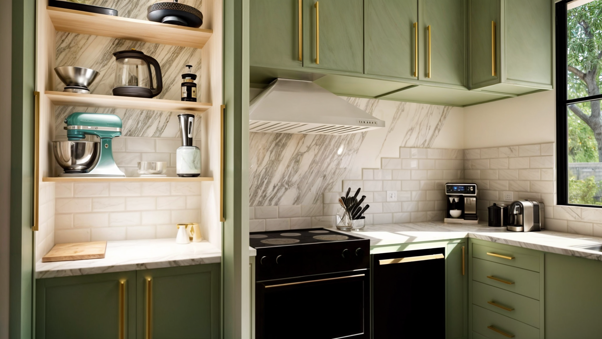 View of a modern kitchen with green cabinets, white marble countertops, and a black oven. Open shelves display kitchen appliances including a teal stand mixer, an electric kettle, and a blender. The backsplash features marble and subway tile patterns. A window shows green trees outside.