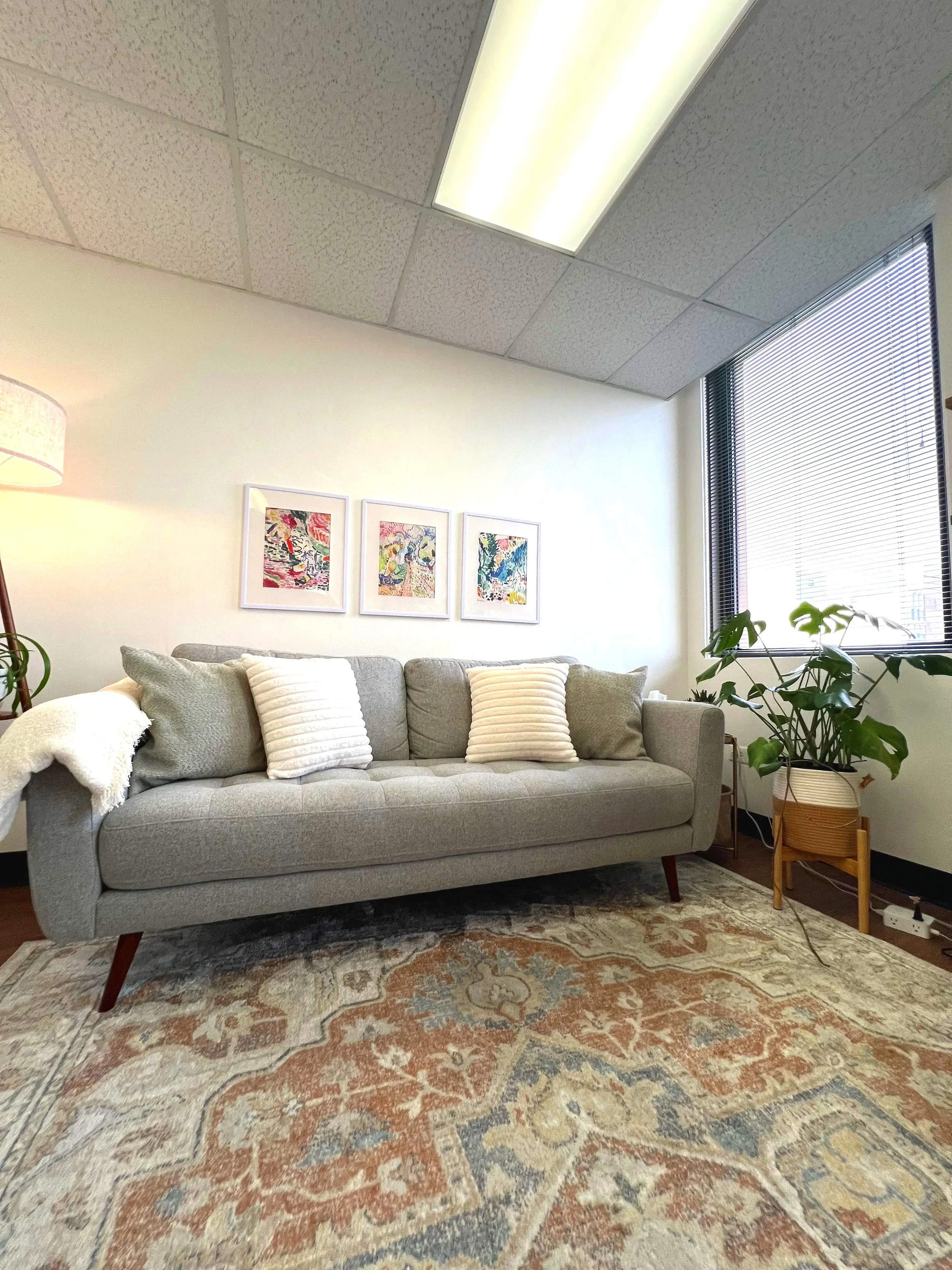 Therapy office with a light gray sofa adorned with striped pillows, a large patterned area rug, framed colorful artwork on the wall, a potted plant near the window, and fluorescent ceiling lights.