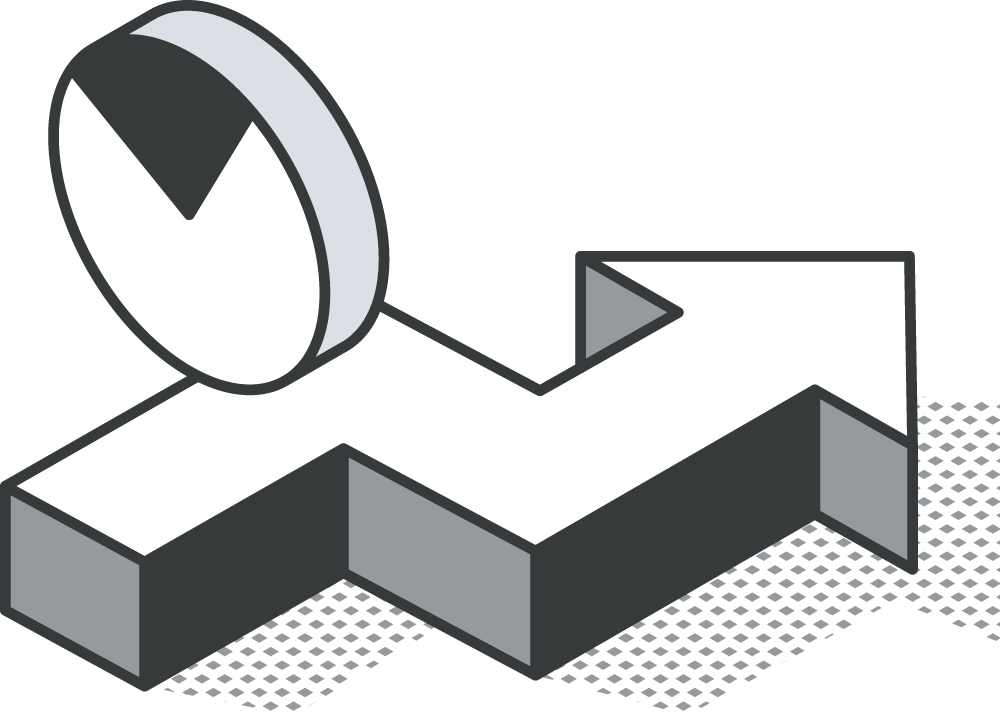 A gray 3D arrow pointing upward with a circular gauge on top, indicating growth or progress.