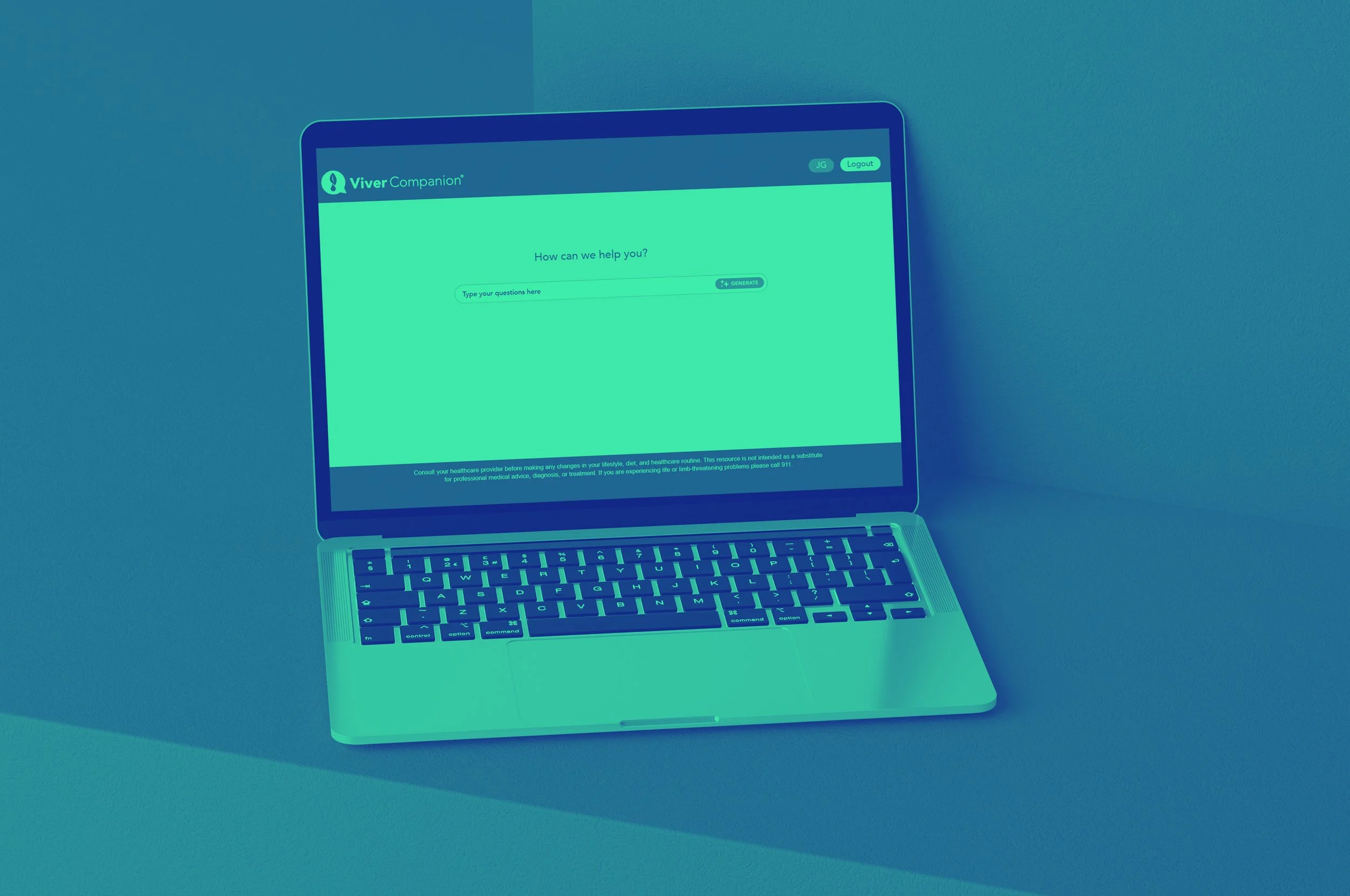 A laptop on a desk displaying the 'Viver Companion' application with a chat interface asking 'How can we help you?'.