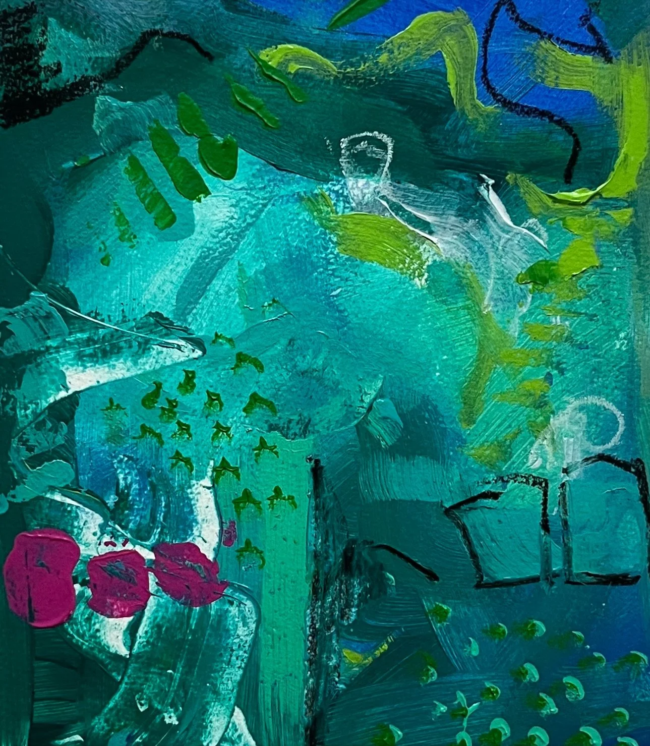 Opera astratta di Cinzia Murgia, verde e blu con accenti magenta, serie L’universo nel centimetro