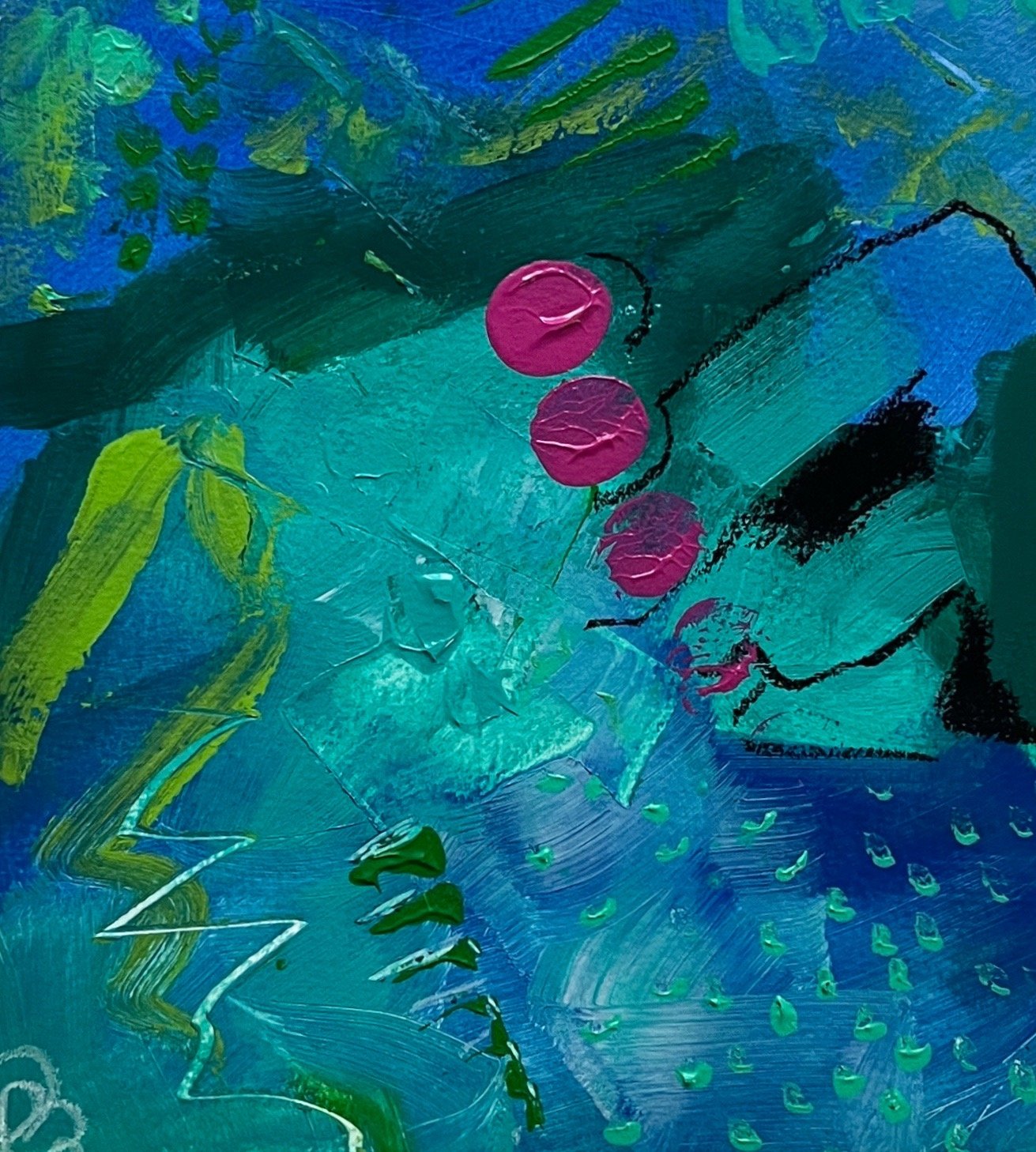 Opera astratta di Cinzia Murgia, verde e blu con accenti magenta, serie L’universo nel centimetro