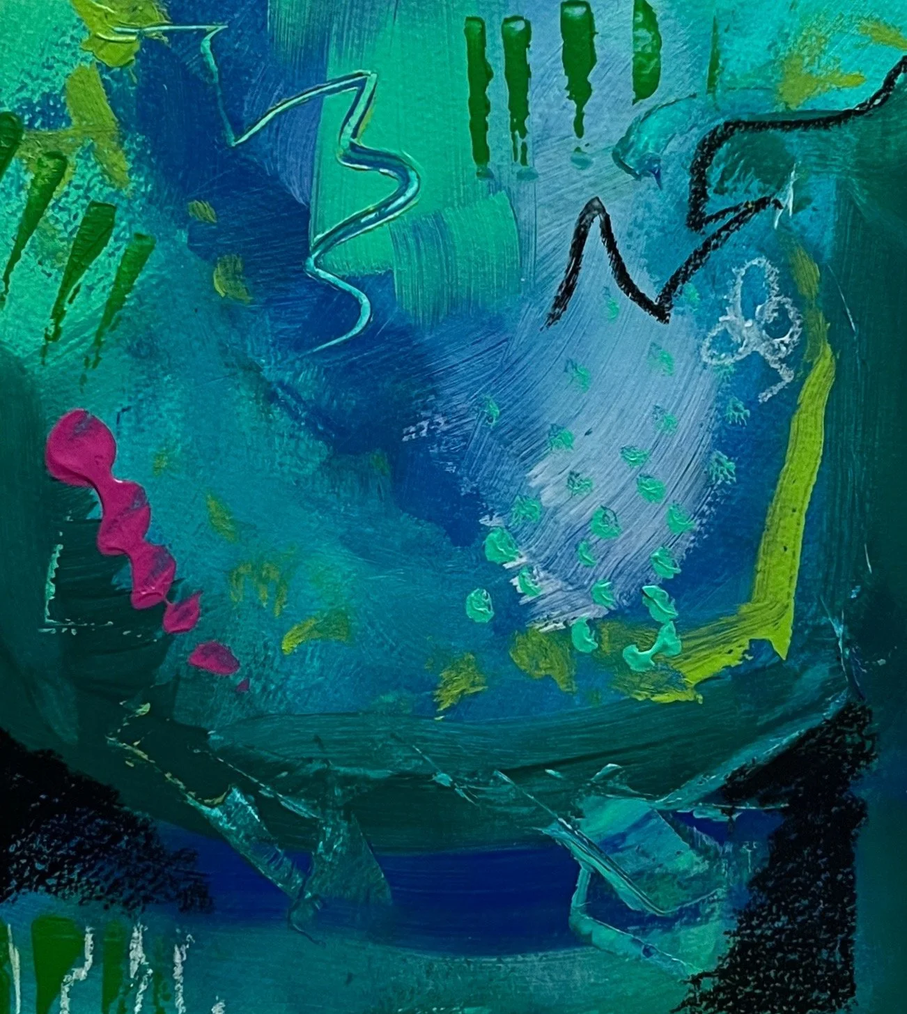 Opera astratta di Cinzia Murgia, verde e blu con accenti magenta, serie L’universo nel centimetro