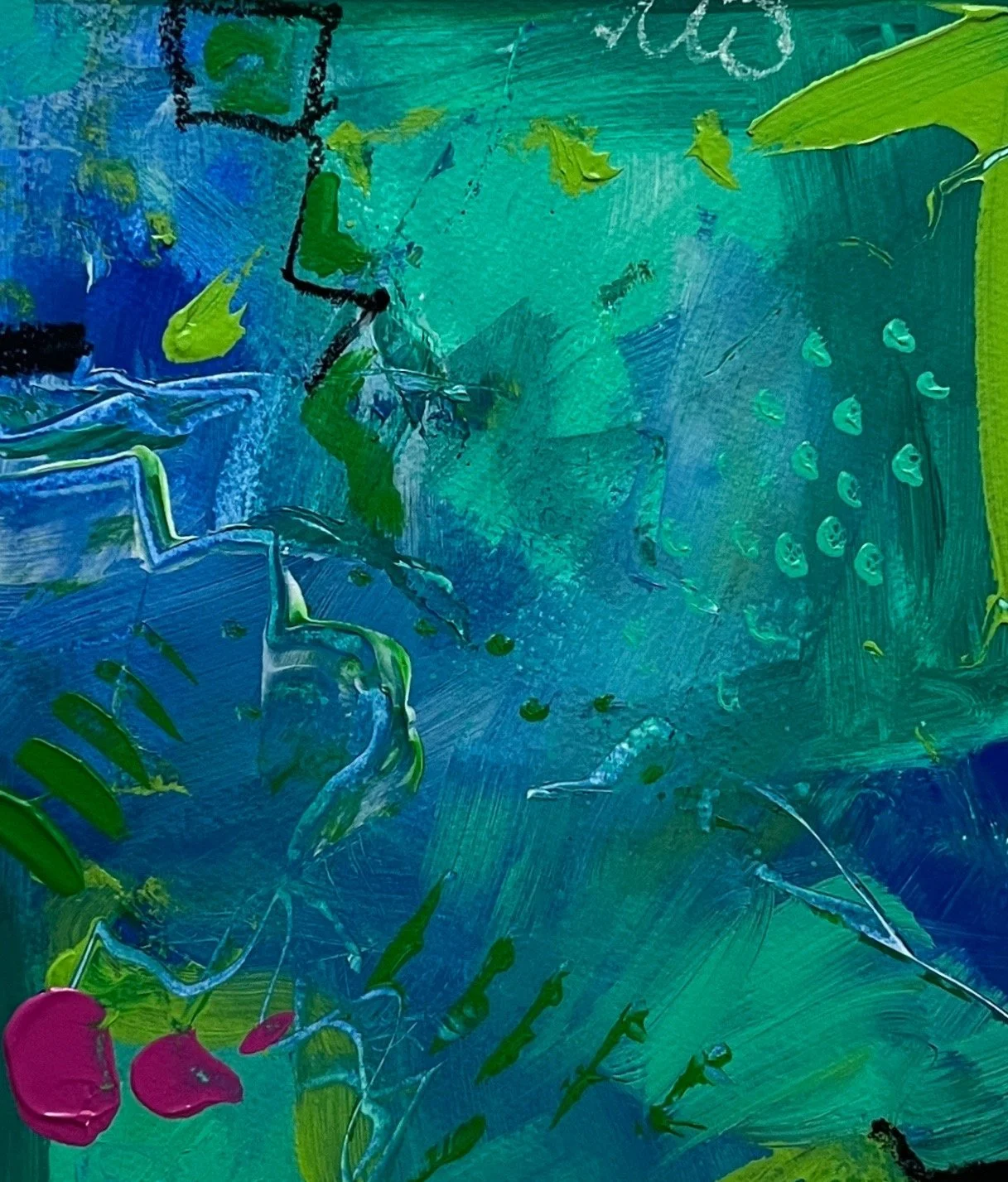 Opera astratta di Cinzia Murgia, verde e blu con accenti magenta, serie L’universo nel centimetro