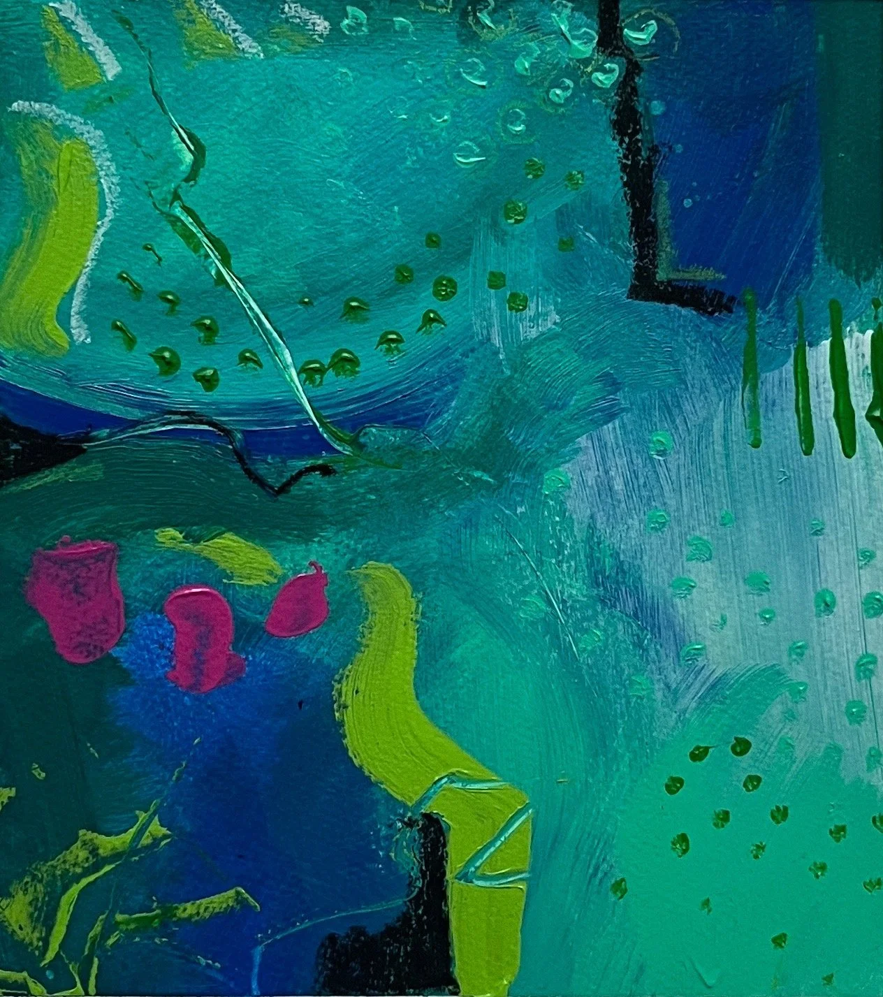 Opera astratta di Cinzia Murgia, verde e blu con accenti magenta, serie L’universo nel centimetro