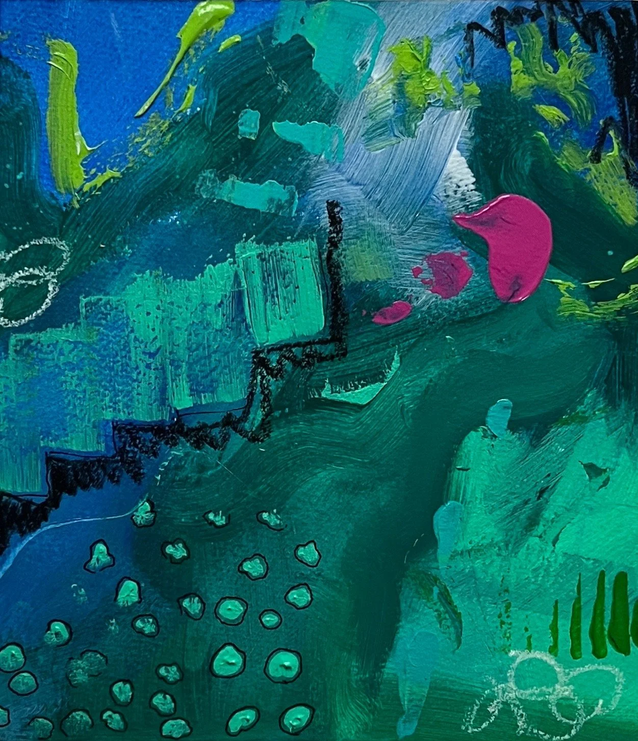 Opera astratta di Cinzia Murgia, verde e blu con accenti magenta, serie L’universo nel centimetro