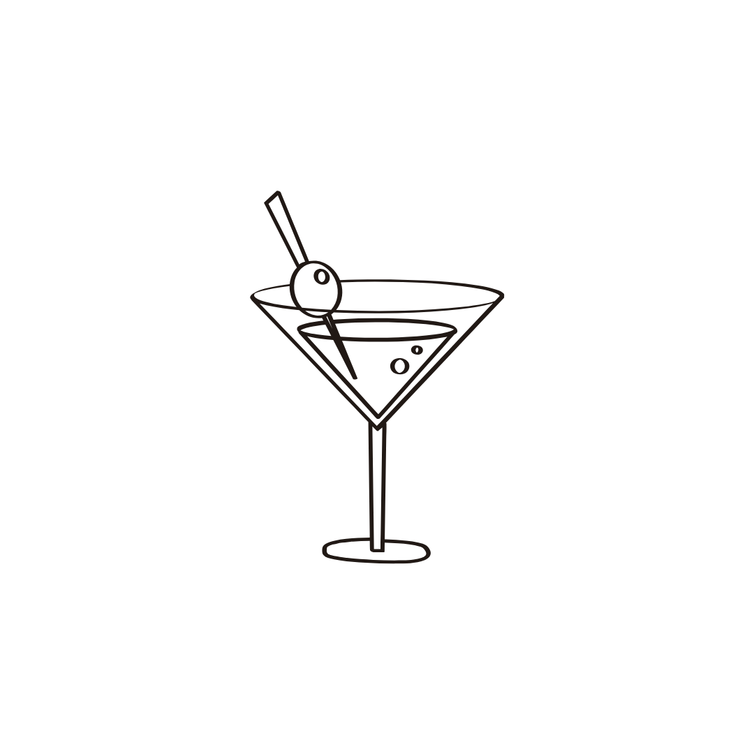 Illustration simple d'un verre à cocktail avec une olive et une paille.