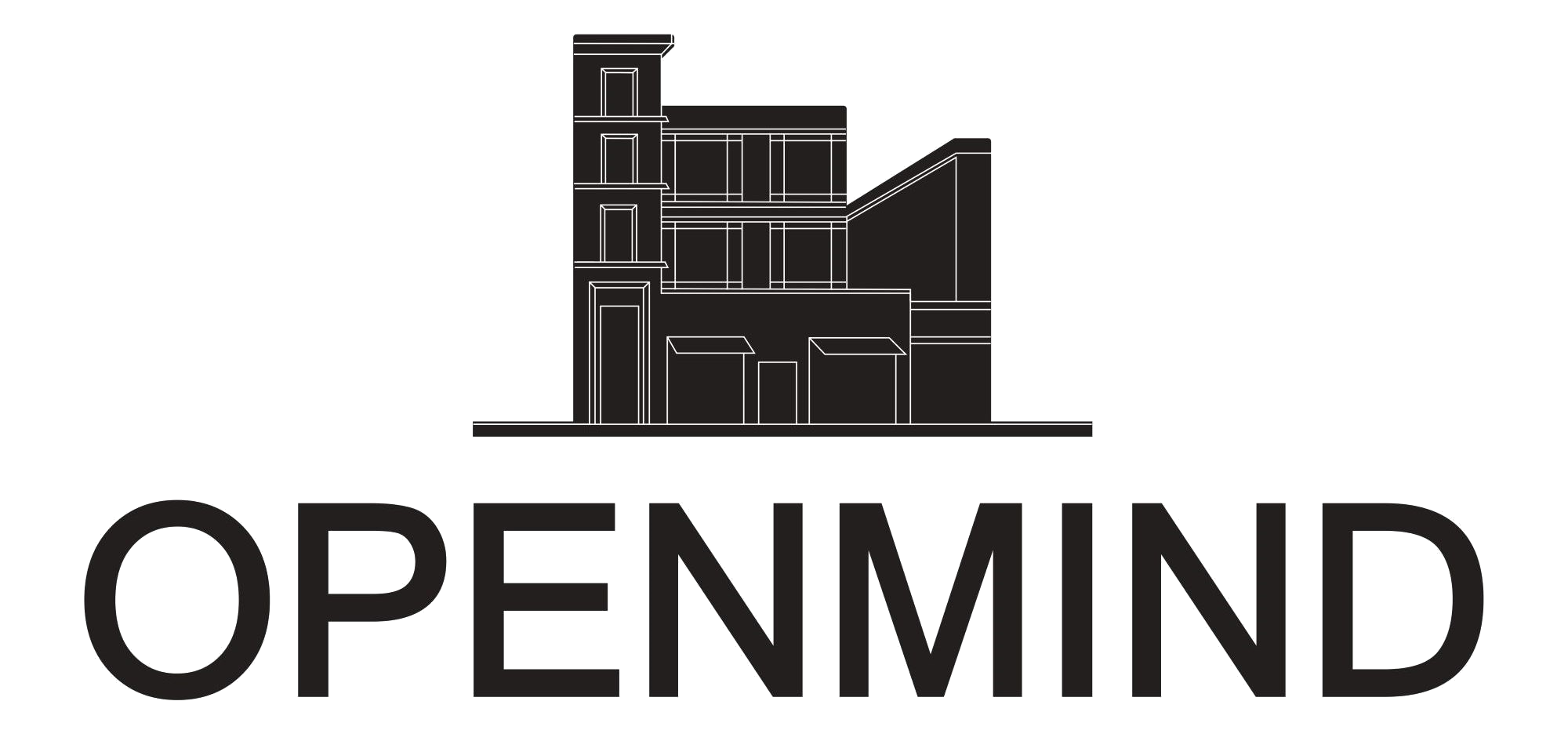 Logo avec un bâtiment architectural stylisé au-dessus de l'inscription en français "OPENMIND"