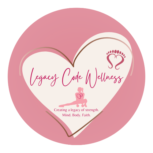 Logo for Legacy Code Wellness featuring a heart shape, a silhouette of a woman with a child, and text including "Legacy Code Wellness," "Marie Windford," and "Creating a legacy of health."
