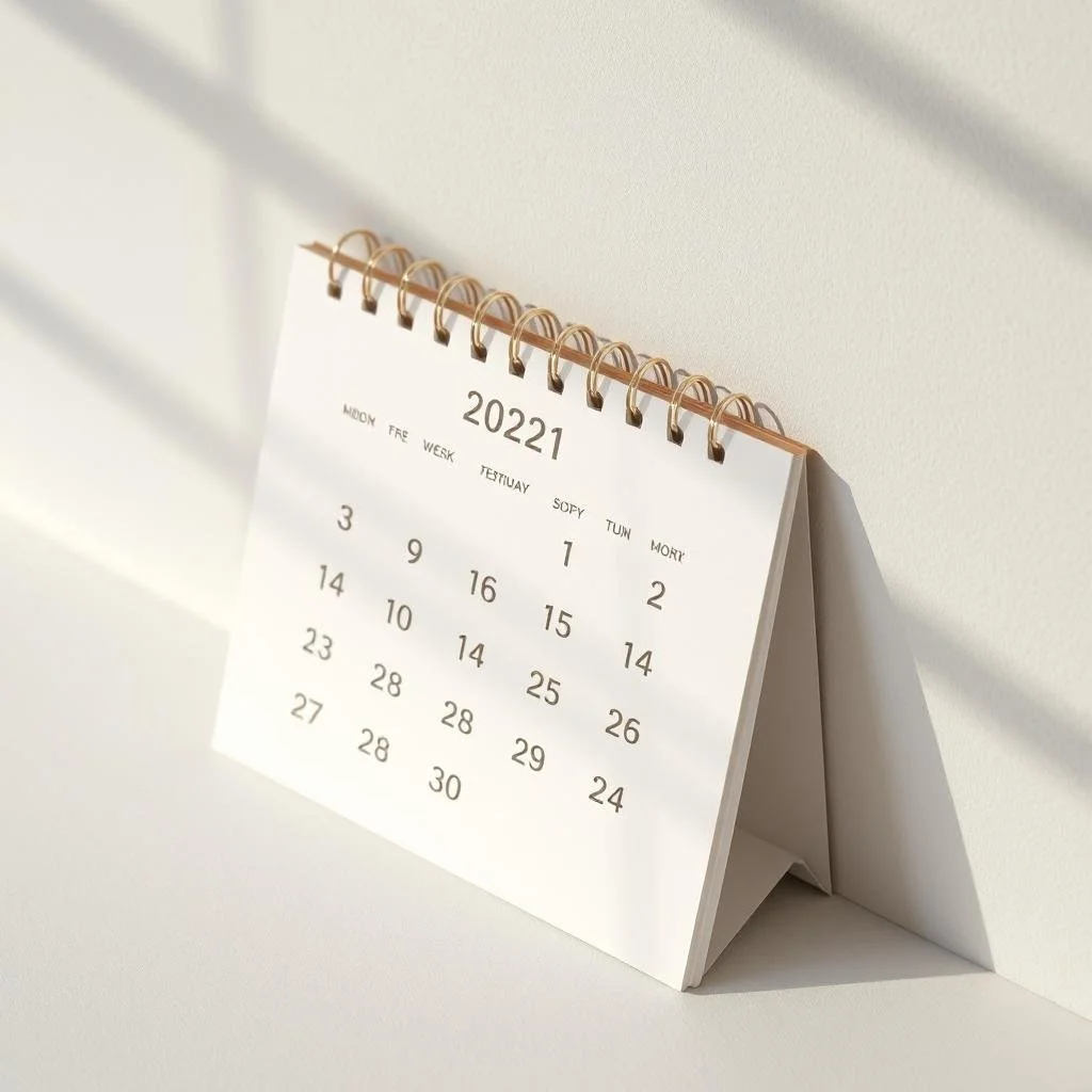 A desk calendar displaying the month of July 2022 with dates listed in a grid. It has a spiral binding at the top and is placed on a white surface with shadows cast across the background.