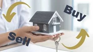 Person holding a small model house with 'Buy' and 'Sell' arrows pointing to each side.