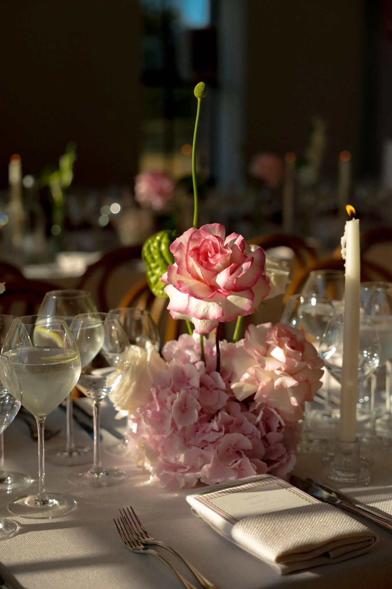 Modern pink & green wedding table flowers