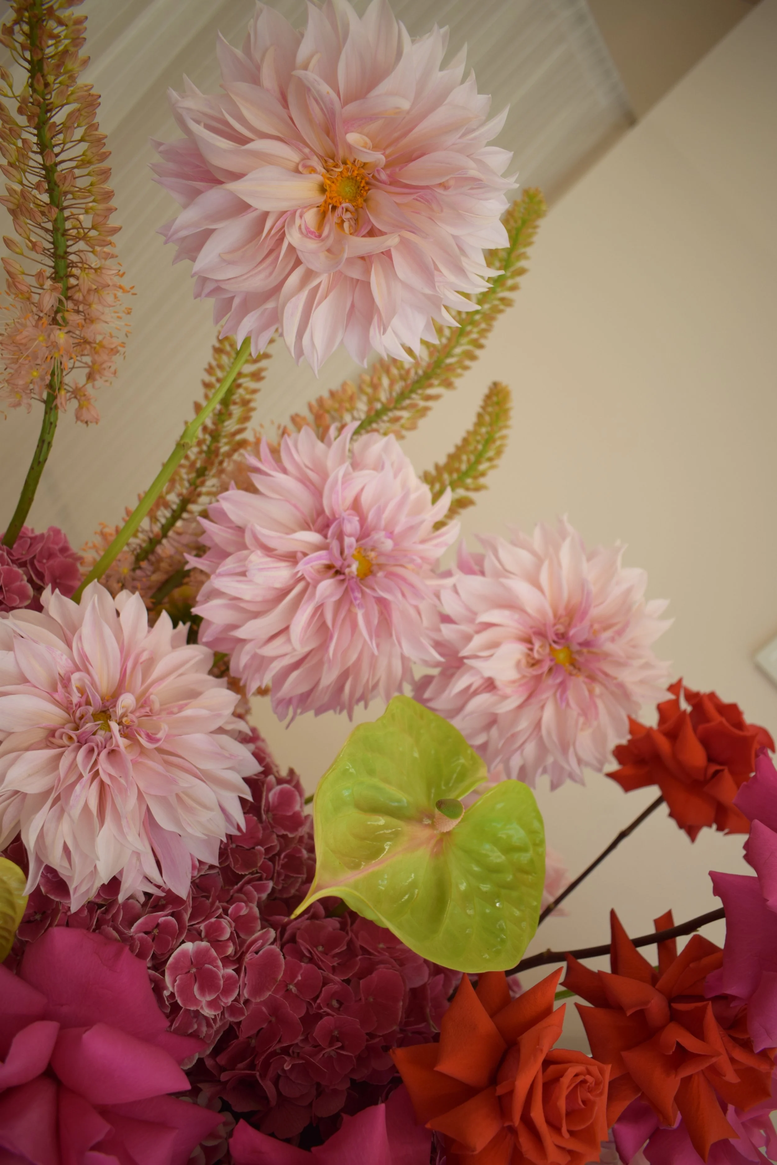 Close-up of an arrangement of pink dahlias, red roses, hot pink hydrangeas, and a green anthurium for a modern wedding in Brighton.
