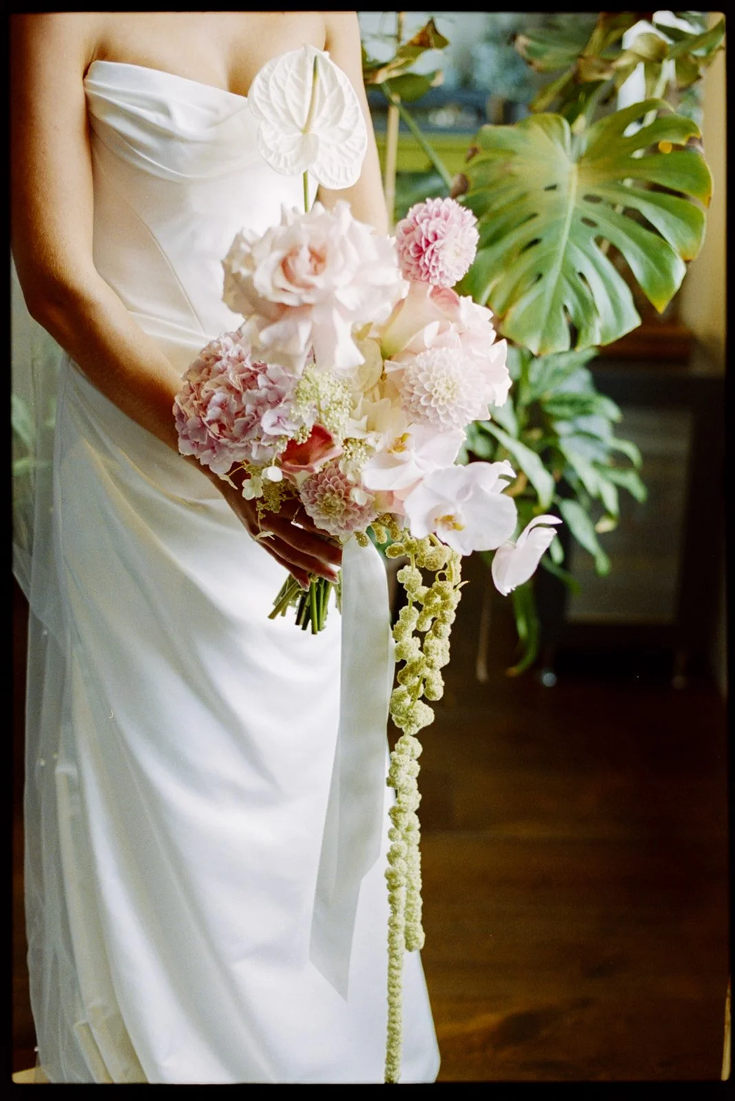 Pink white & green modern cascading bridal bouquet