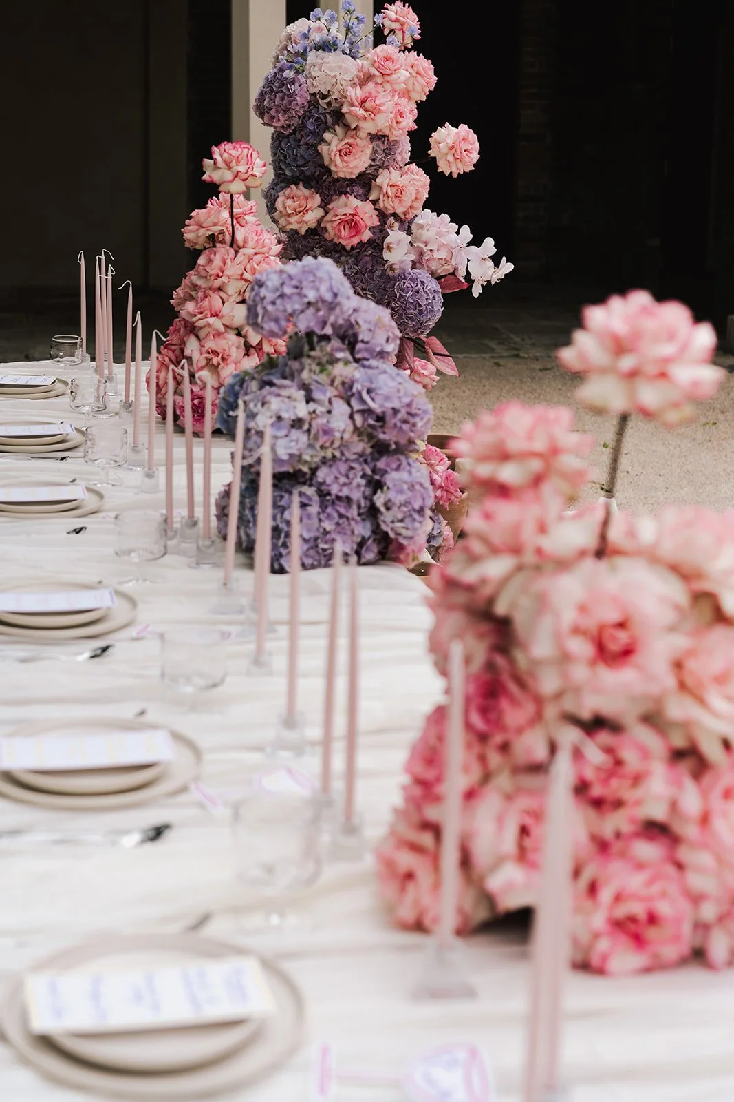 Modern pastel wedding table flowers in London