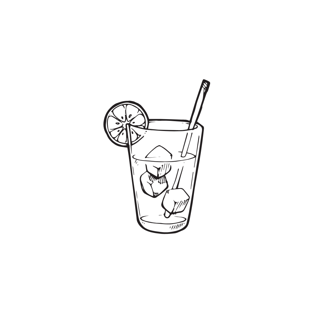 Illustration simple d'un verre de limonade avec une tranche de citron et deux glaçons.