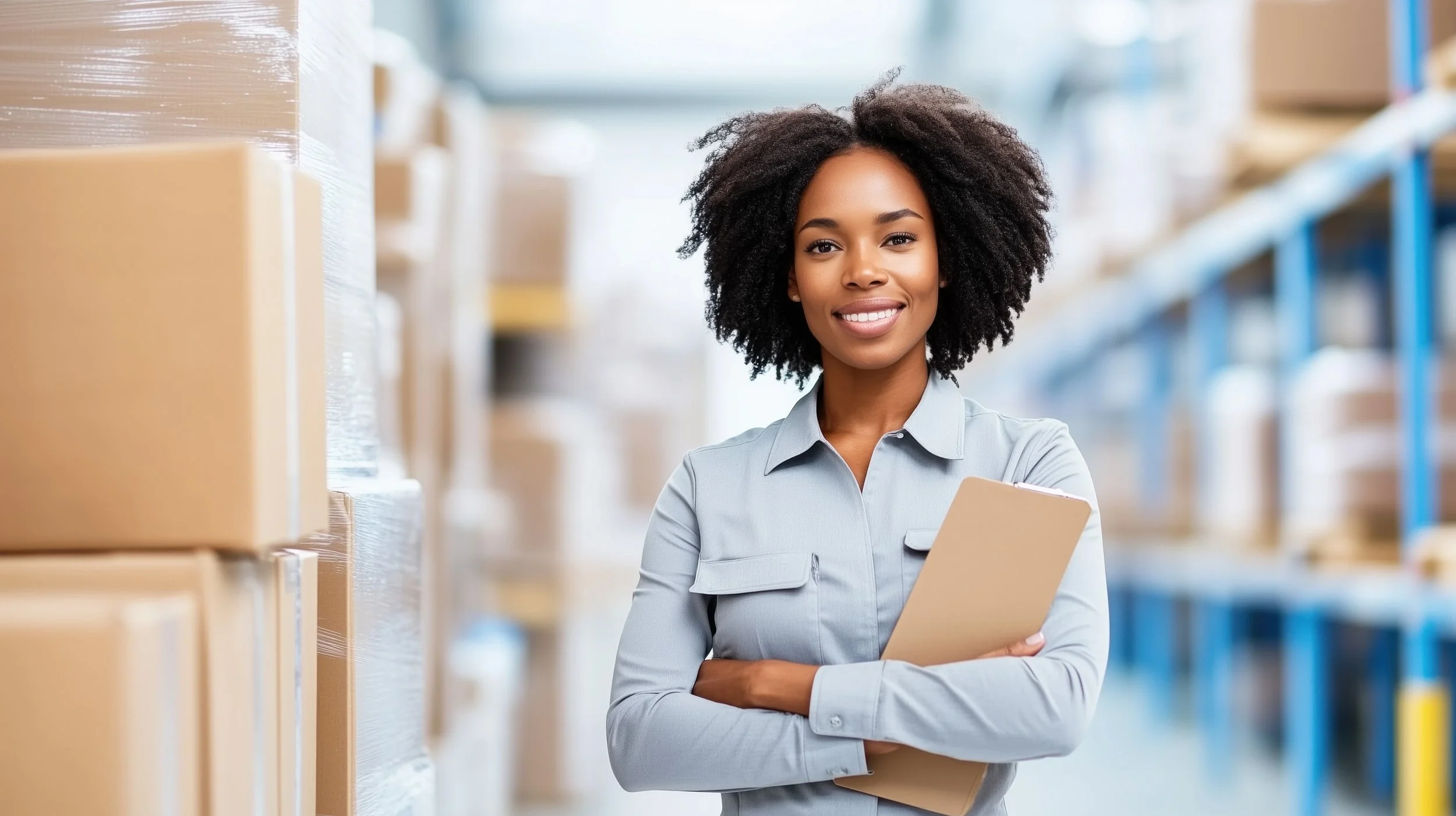 A smiling woman with curly hair holding a clipboard in a warehouse aisle with shelves of boxes.