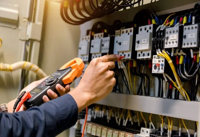 Person testing electrical wiring in an electrical panel using a multimeter