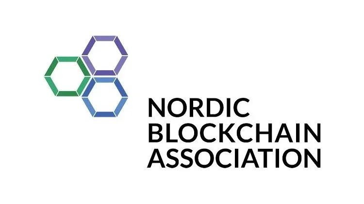 Logo of the Nordic Blockchain Association with interconnected hexagons in green, purple, and blue colors and black text.