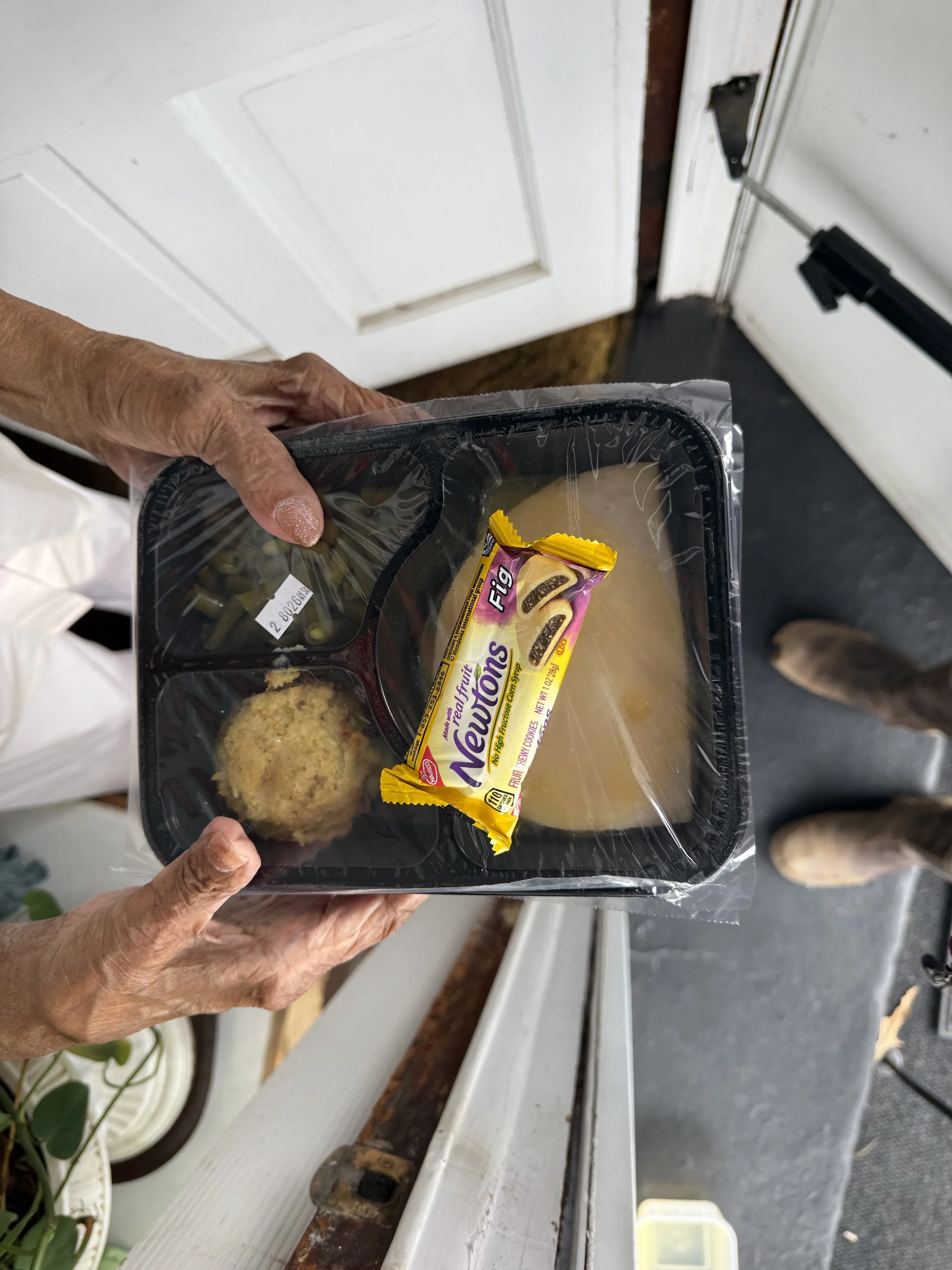 A person holding a plastic tray with food, including a cookie and a pack of Fig Newton cookies, in a kitchen or patio area.