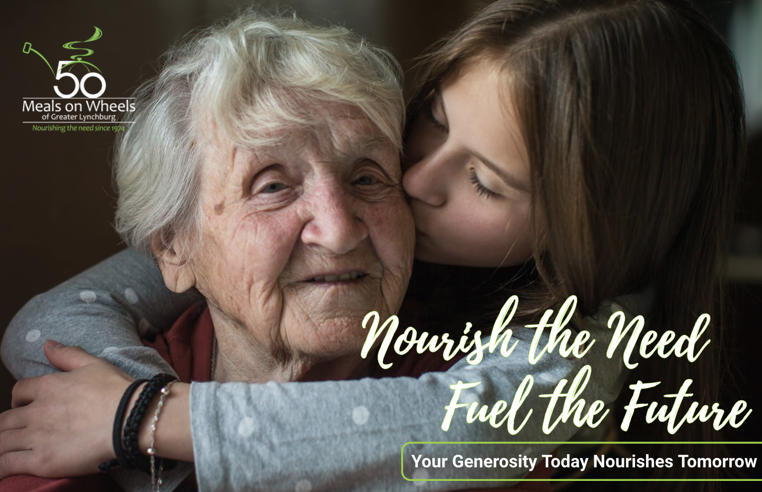 A young woman giving a hug and kissing an elderly woman on the cheek, with text overlay promoting donations to Meals on Wheels for Greater Lynchburg.