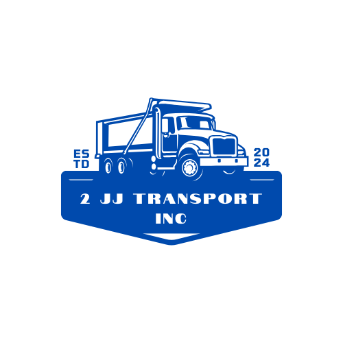 Logo of 2 JJ Transport Inc featuring a blue outline illustration of a truck with a trailer on a crest-shaped background with the company's name, established year 2024, and the abbreviation ESTD.