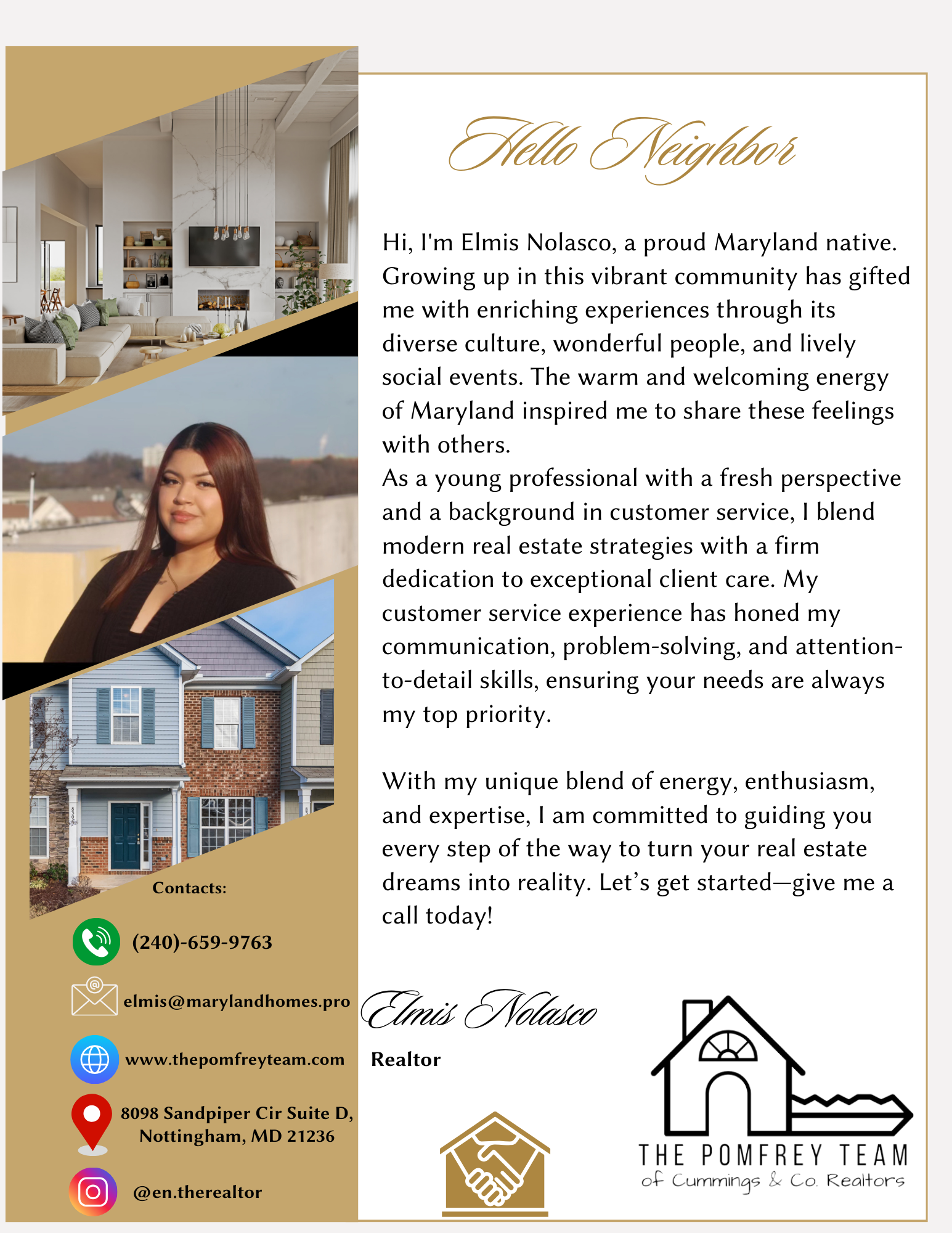 Real estate agent's marketing flyer with images of a modern living room, a woman's portrait outdoors, and a house with blue siding. Includes contact information, social media icons, and the logo of The Pomfry Team of Cummings & Co. Realtors.