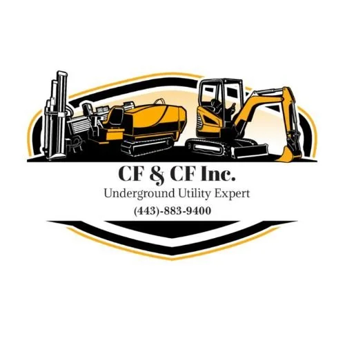 Logo for CF & CF Inc., an underground utility company, featuring illustrations of heavy construction equipment including a drilling rig and excavator, with contact phone number 443-883-9400.