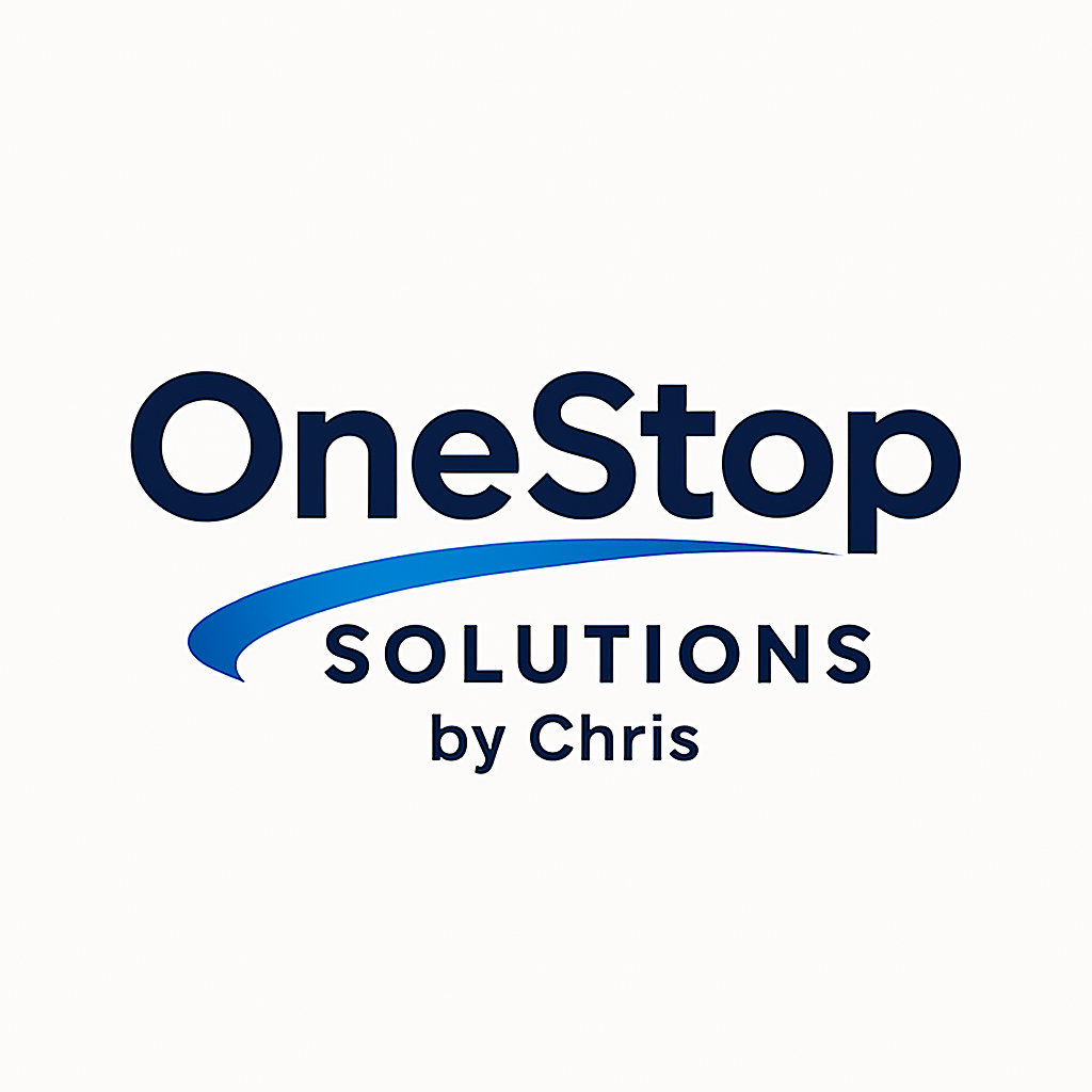 Logo for OneStop Solutions by Chris featuring the company name with a curved blue line underneath.