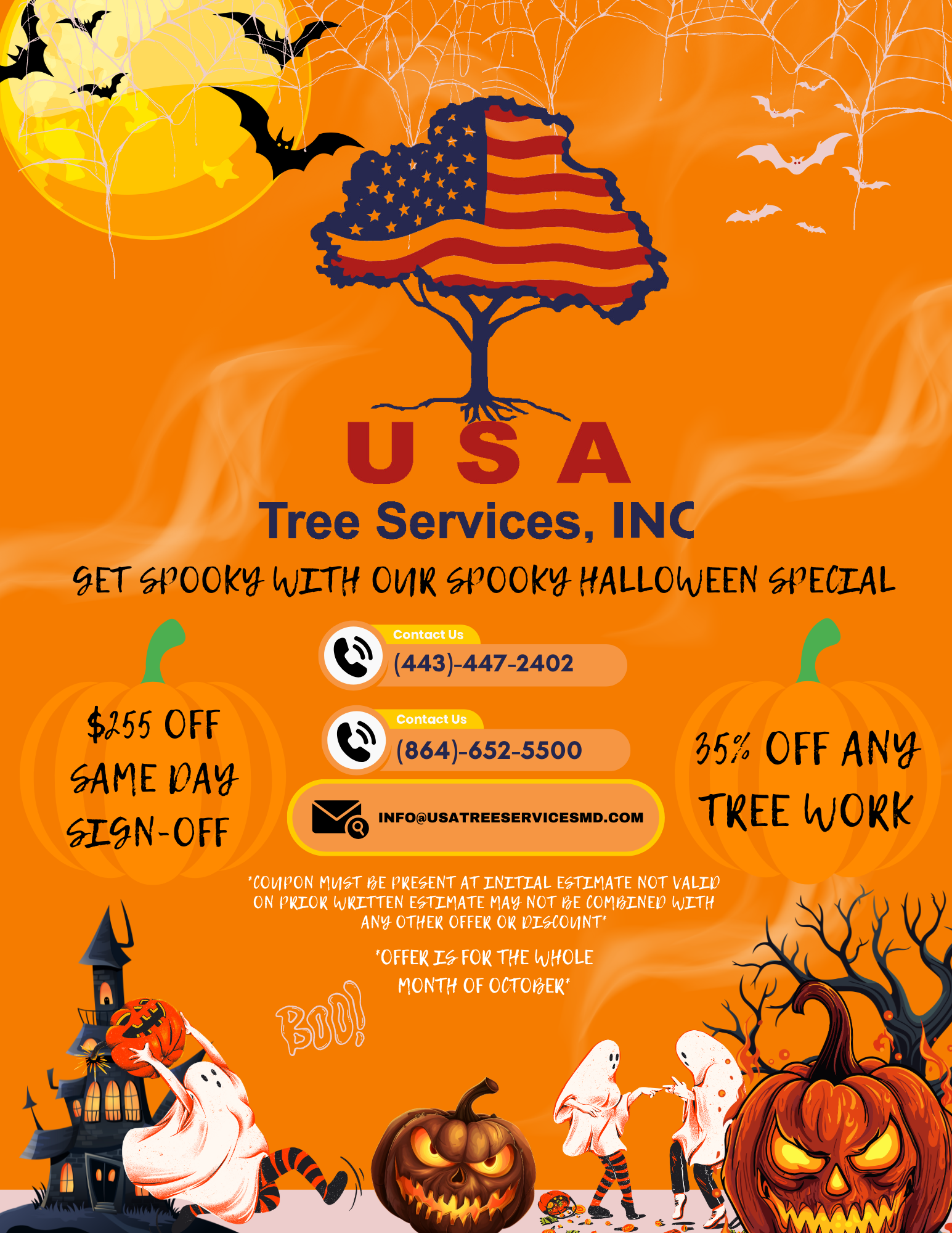 Halloween themed flyer for USA Tree Services, Inc. with a spooky orange background, bats, spider webs, haunted house, and carved pumpkins. Promotes Halloween discounts and contact information.
