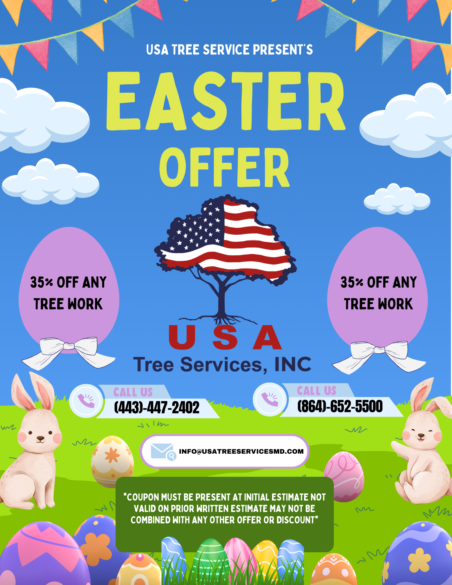 A colorful Easter flyer promoting a local tree service's Easter offer. Features a blue sky with clouds, banners, a tree with an American flag-patterned canopy, and Easter bunnies with decorated eggs. Offers 35% off any tree work and provides contact information.