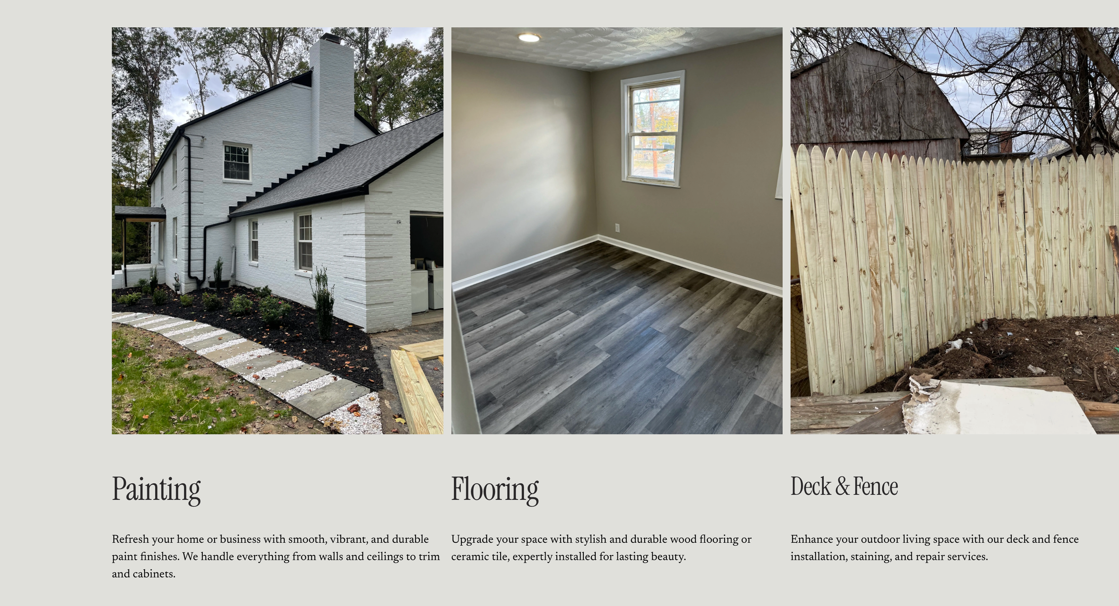 A collage showcasing three images: the exterior of a house with white painted brick, a room with gray wood flooring and a window, and a backyard with a wooden fence and dirt area for planting.
