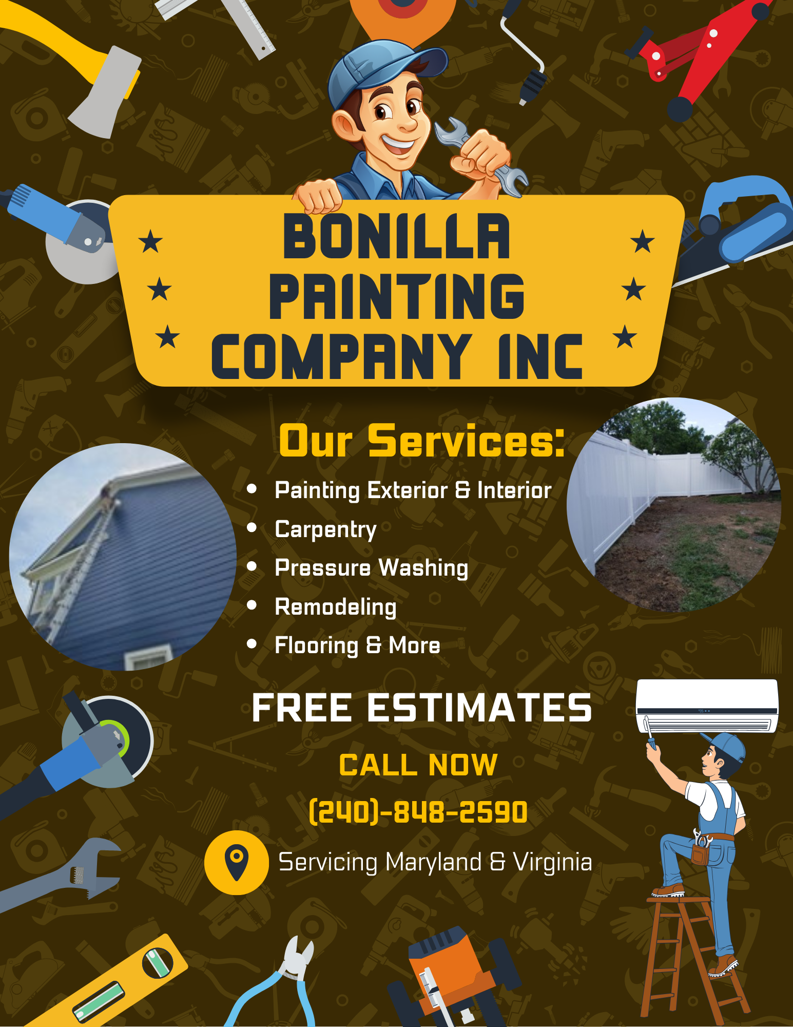 A flyer for Bonilla Painting Company Inc. featuring a cartoon handyman holding a wrench at the top, with images of tools like a saw, drill, and paint roller. It lists services such as exterior and interior painting, carpentry, pressure washing, remodeling, and flooring. The flyer highlights free estimates, a phone number, and service areas in Maryland and Virginia, with photos of a house exterior and a white fence.