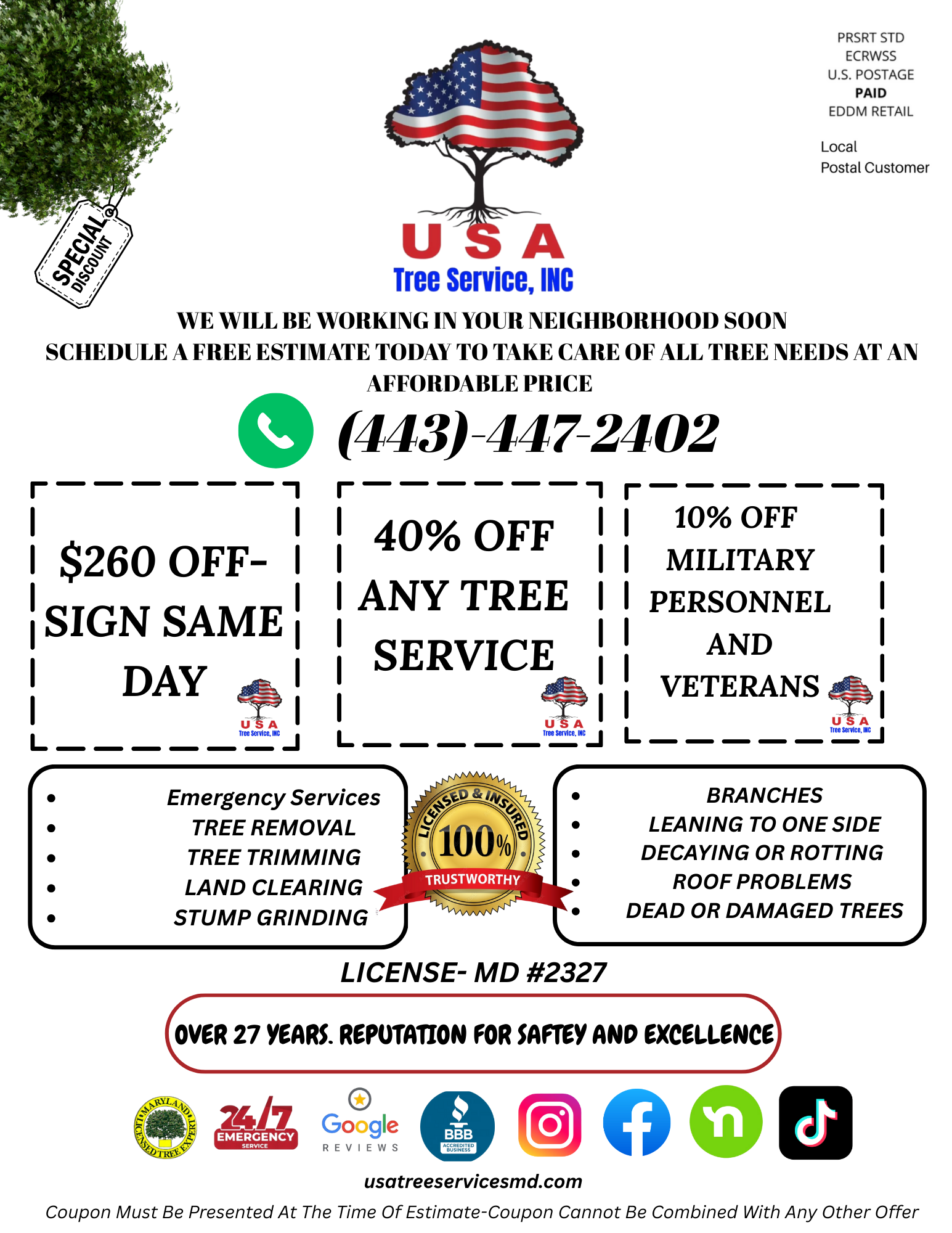 Flyer for USA Tree Service, Inc. featuring a tree with American flag leaves, contact number (443-447-2402), special discounts for tree service, sign-day, military personnel, and veterans, and list of services including tree removal, trimming, and land clearing, with social media icons and license information.