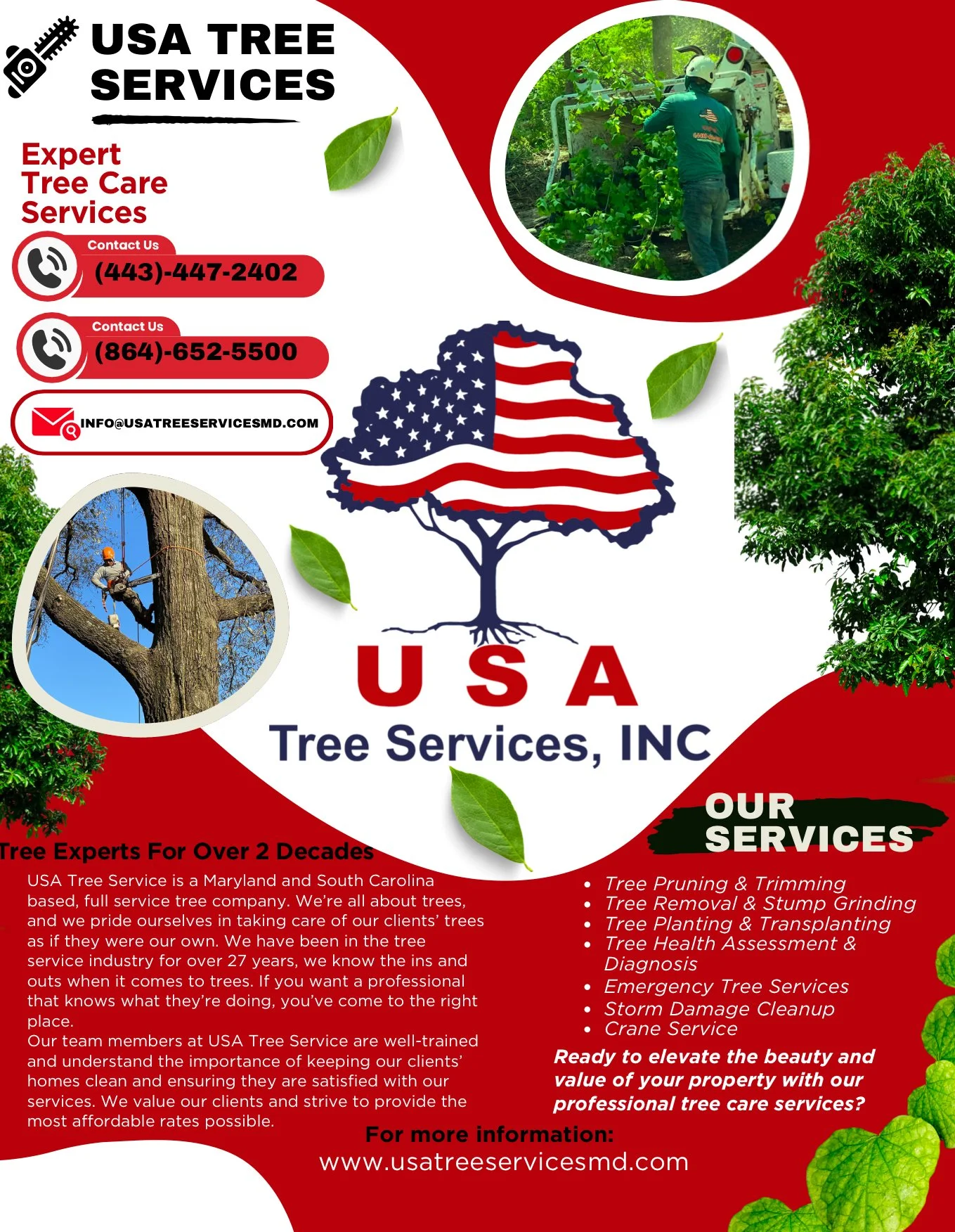 A flyer for USA Tree Services, INC., a tree care company. It features images of trees, a worker trimming a tree, and a tree with an American flag pattern. Contact information, services offered such as tree pruning, removal, stump grinding, planting, health assessment, emergency services, storm damage cleanup, and crane service are listed on the flyer. The flyer emphasizes over 27 years of experience, professional service, and customer satisfaction.