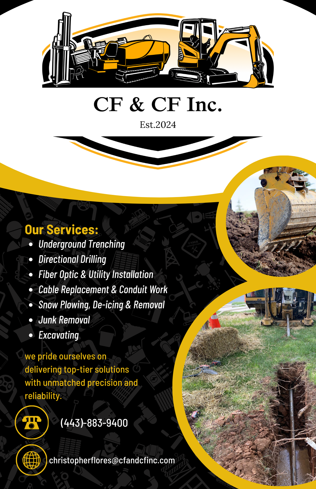 A construction company flyer featuring illustrations of heavy machinery at the top, including an excavator and a bulldozer. The flyer lists services such as underground trenching, directional drilling, fiber optic and utility installation, cable replacement and conduit work, snow plowing, de-icing, removal, junk removal, and excavating. It includes a company logo, contact phone number, and email address, with background icons related to construction and excavation.