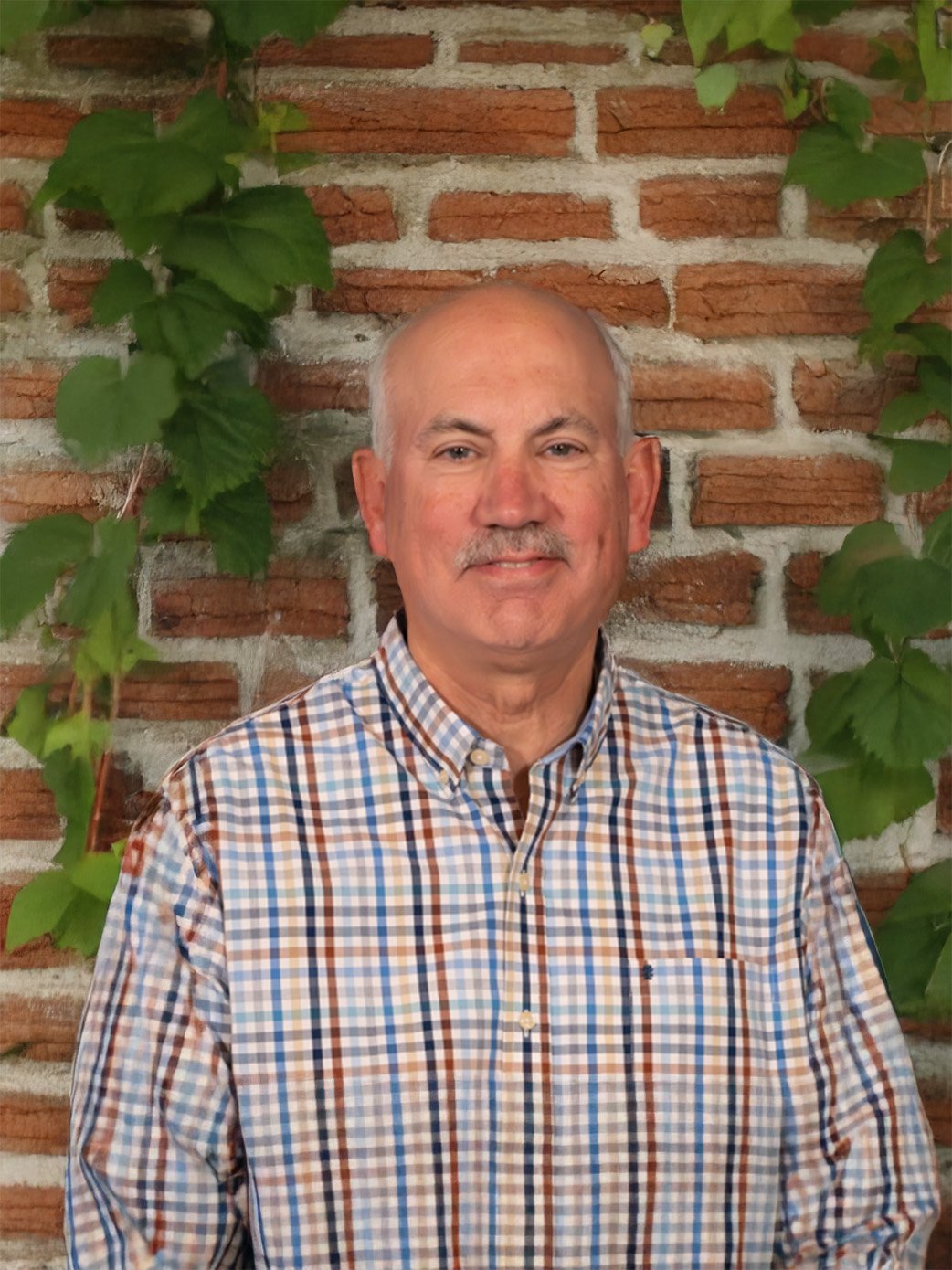A middle-aged man with a bald head and mustache, wearing a colorful checkered shirt, stands in front of a brick wall with green leafy vines.