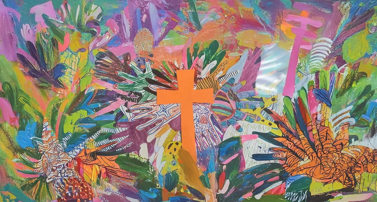 Colorful abstract artwork featuring a prominent orange cross at the center surrounded by vibrant, expressive brushstrokes and patterns in various bright colors.