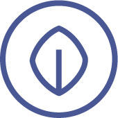 A logo with a dark blue circular outline and a stylized leaf in the center.